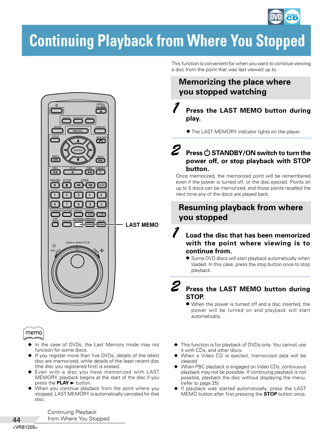 Pioneer DV-05 Memorizing the place where you stopped watching, Resuming playback from where you stopped 