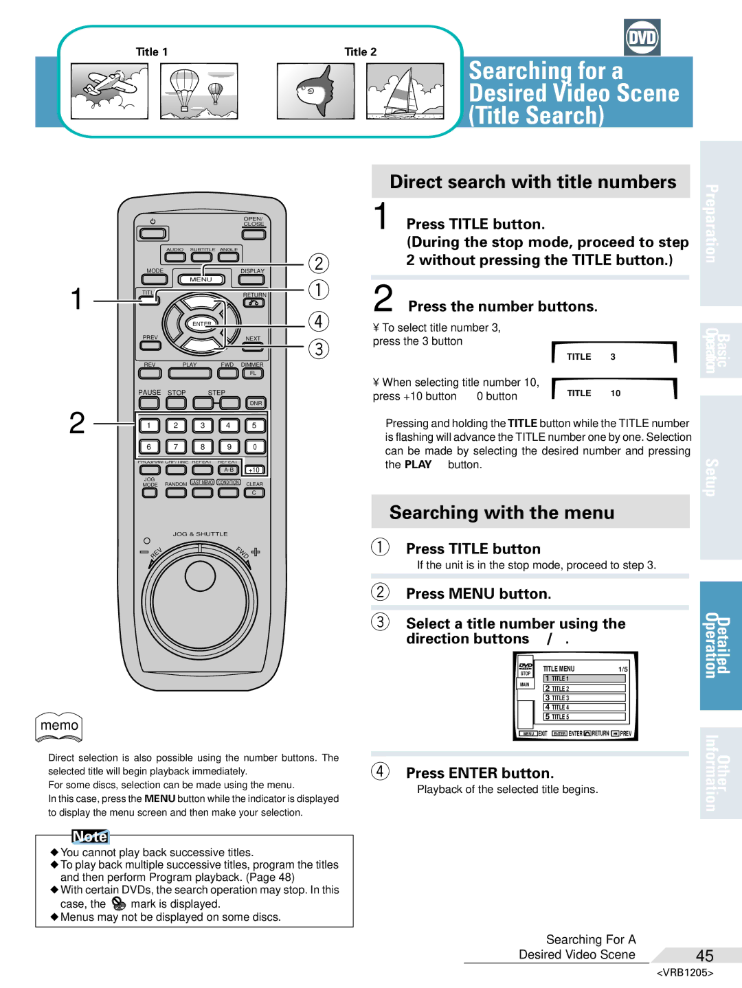 Pioneer DV-05 Direct search with title numbers, Searching with the menu, Press Title button, Press Menu button 