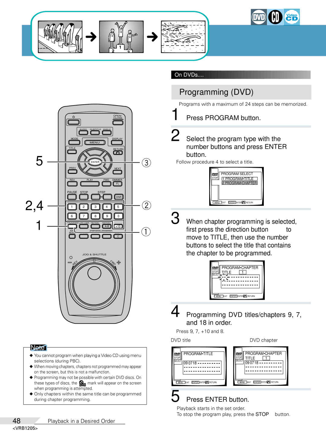 Pioneer DV-05 Programming DVD titles/chapters 9, 7, and 18 in order, ¶ Follow procedure 4 to select a title 