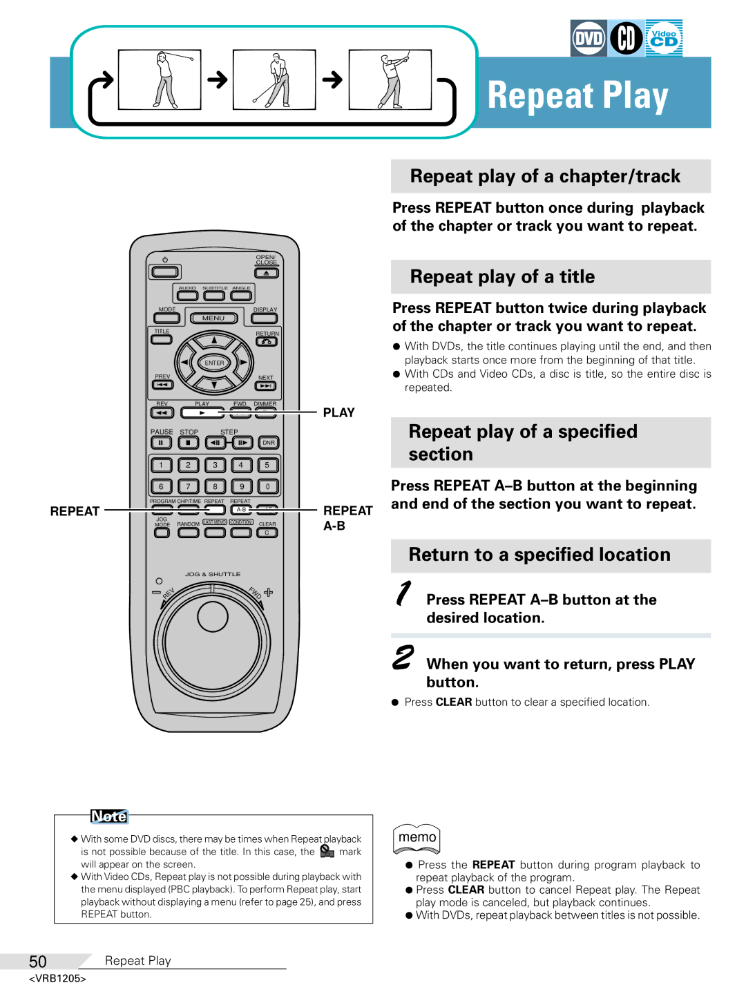 Pioneer DV-05 Repeat play of a chapter/track, Repeat play of a title, Repeat play of a specified section 