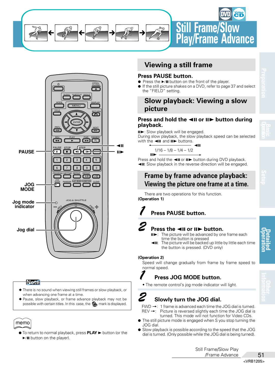 Pioneer DV-05 operating instructions Viewing a still frame, Slow playback Viewing a slow Picture 