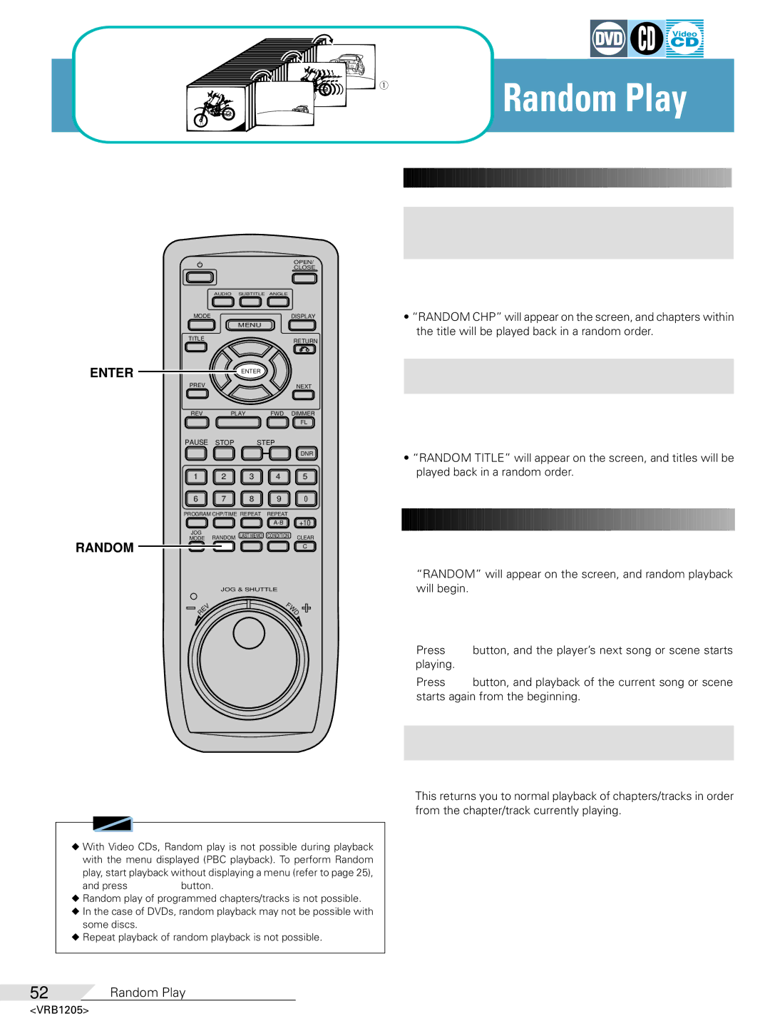 Pioneer DV-05 Random Play, Random playback of chapters within one title, Random playback of titles, Stopping Random play 