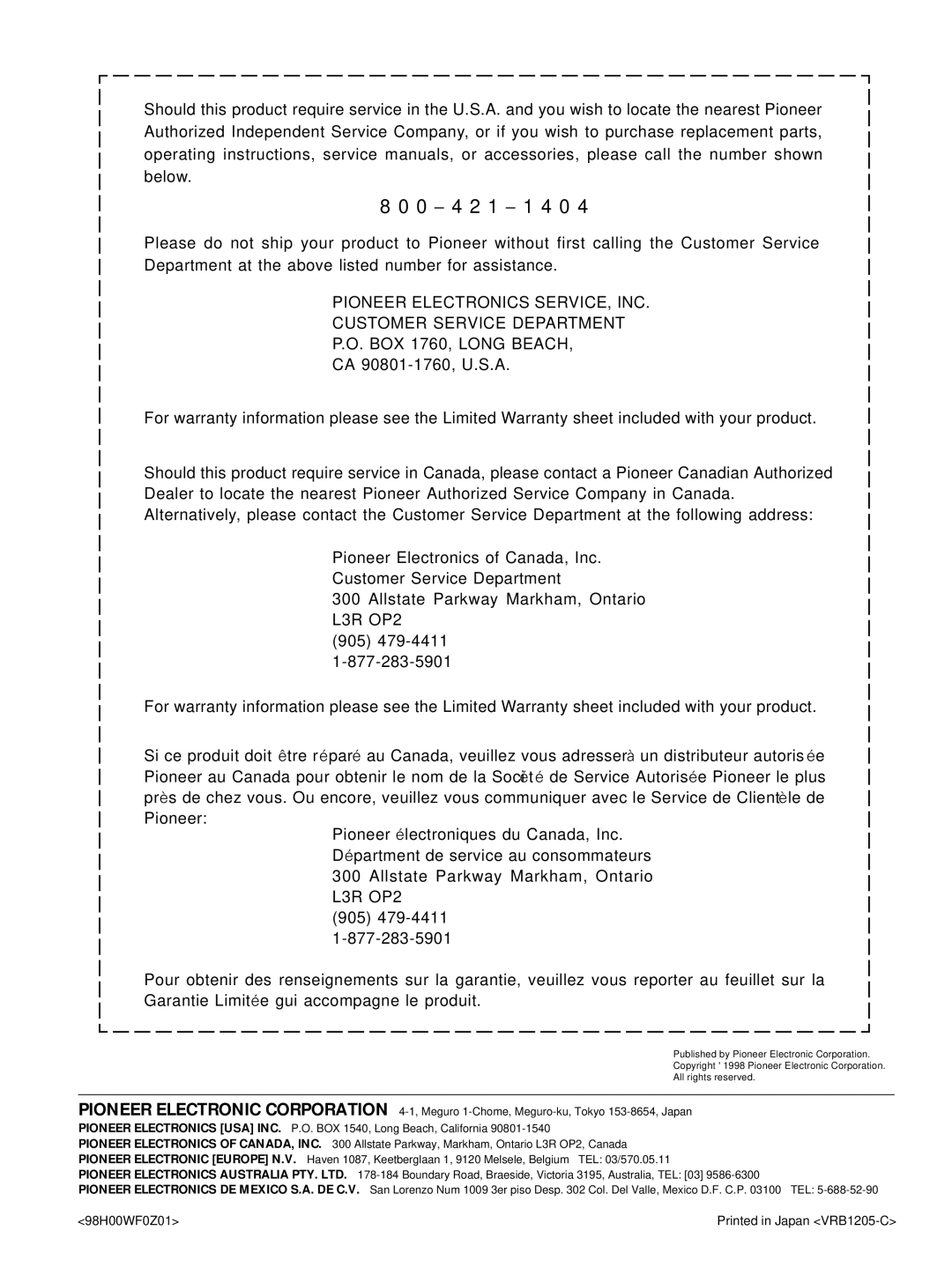 Pioneer DV-05 operating instructions 0 4 2 1 1 4 0 