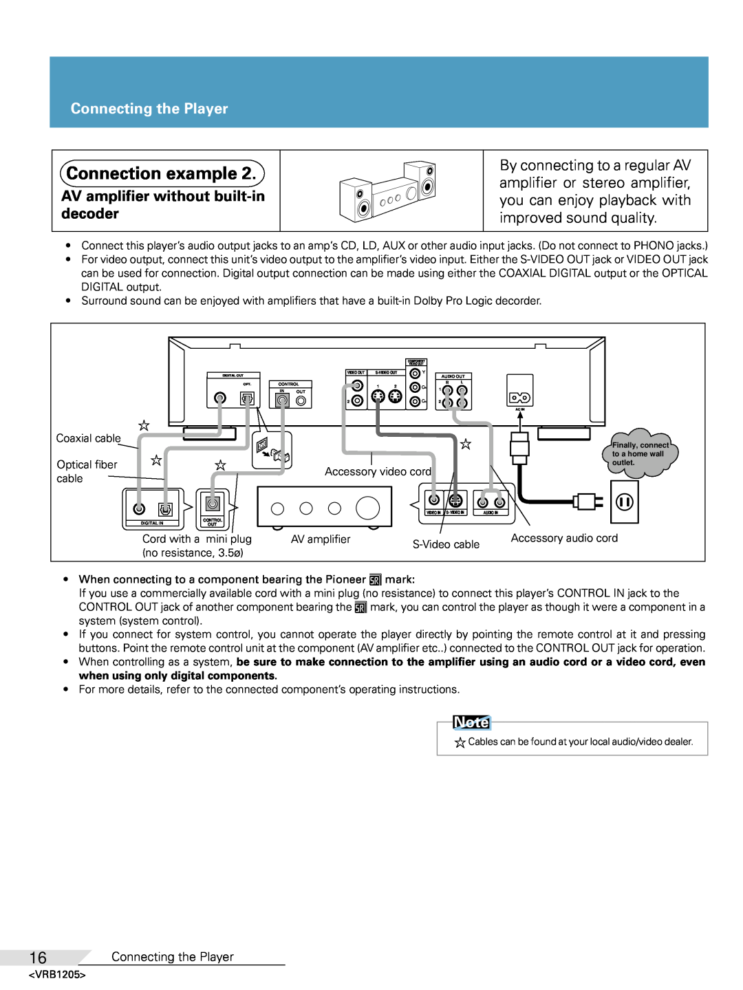 Pioneer DV-05 operating instructions Connection example, Connecting the Player, AV amplifier without built-in decoder 