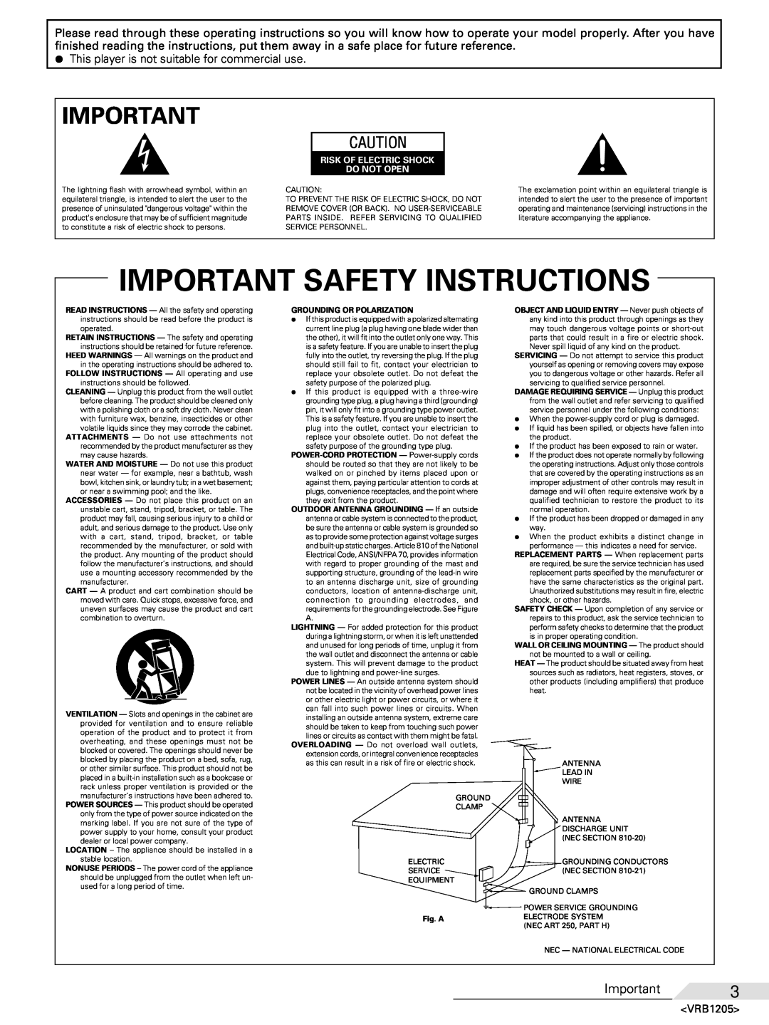 Pioneer DV-05 operating instructions Important Safety Instructions, Important3, Risk Of Electric Shock Do Not Open 