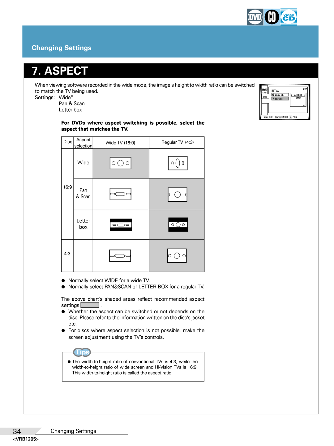 Pioneer DV-05 operating instructions Aspect, Changing Settings, Tips 