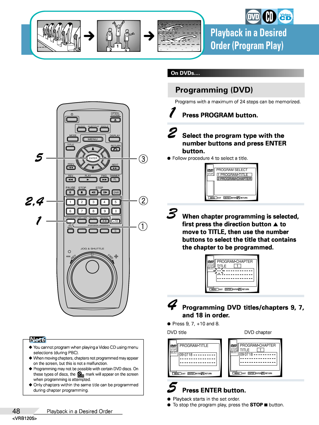 Pioneer DV-05 Programming DVD, Playback in a Desired, Order Program Play, Press PROGRAM button, Press ENTER button, OnDVDs 