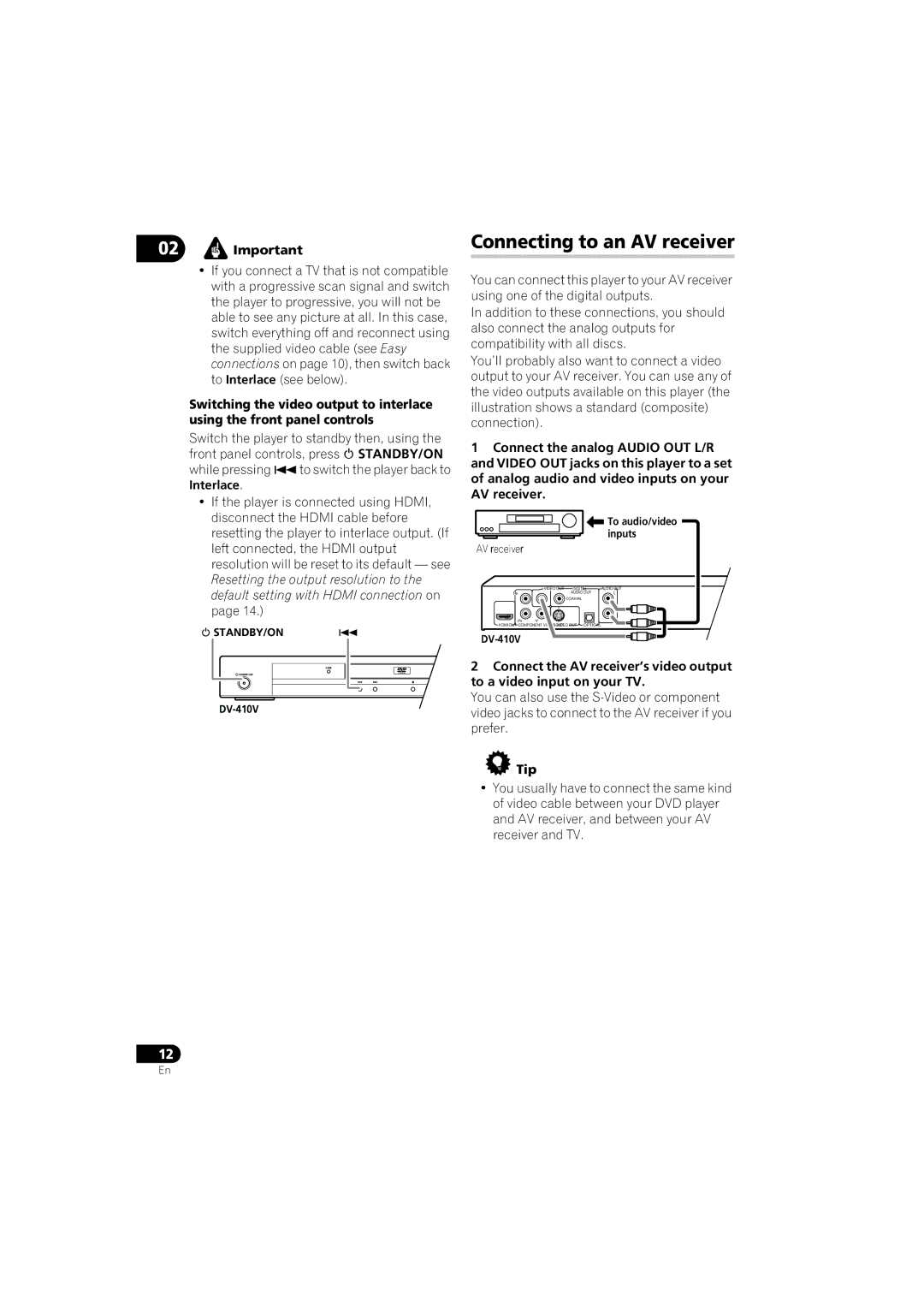 Pioneer DV-210K-K, DV-410V-S, DV-310-S, DV-510K-S, DV-410V-K, DV-310-K operating instructions Connecting to an AV receiver, Tip 