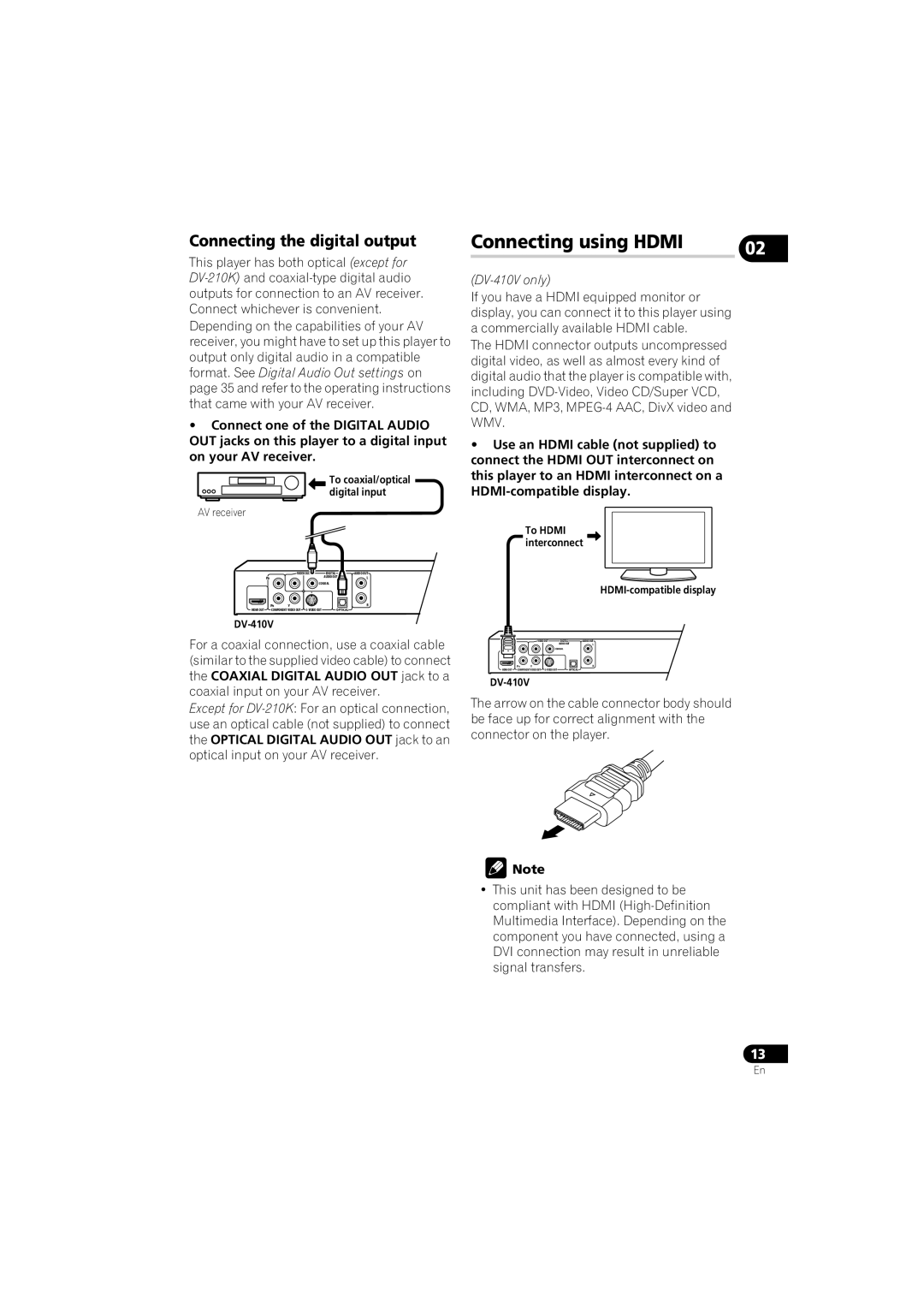 Pioneer DV-410V-S, DV-210K-K, DV-310-S, DV-510K-S, DV-410V-K, DV-310-K Connecting using Hdmi, Connecting the digital output 