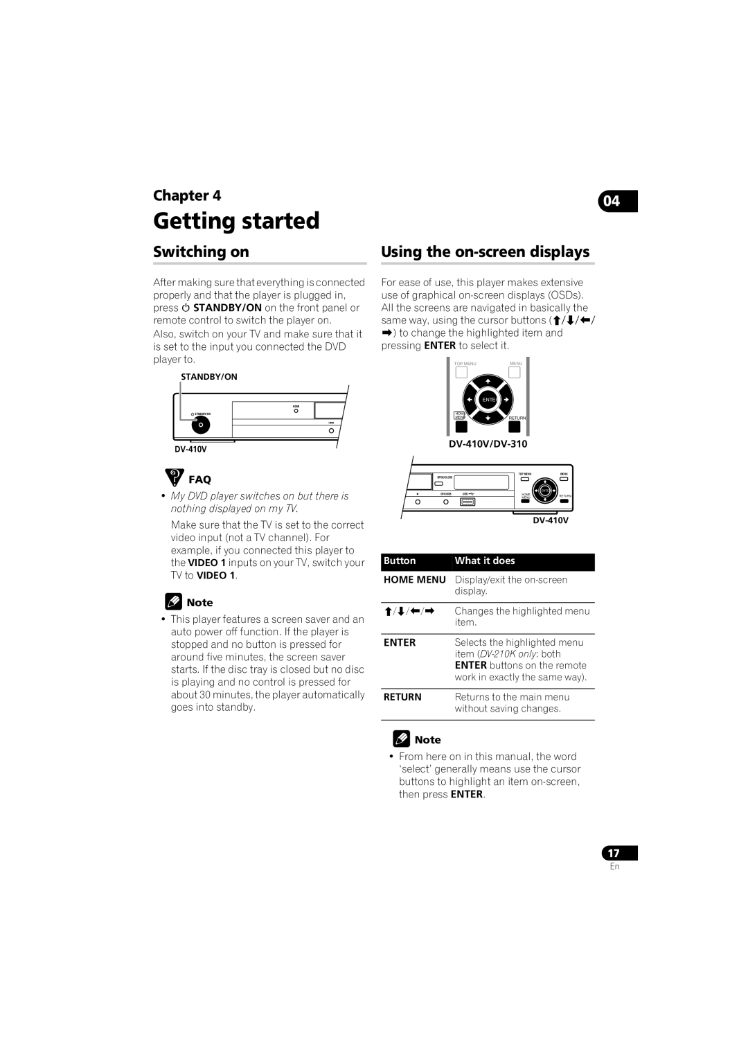 Pioneer DV-310-K, DV-210K-K, DV-410V-S, DV-310-S, DV-510K-S Getting started, Switching on, Using the on-screen displays 