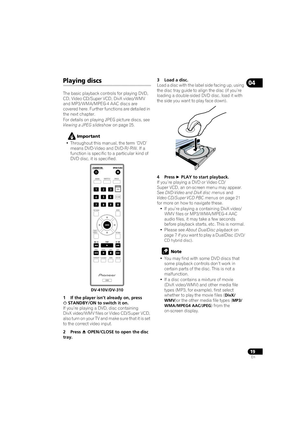 Pioneer DV-410V-S, DV-210K-K, DV-310-S, DV-510K-S, DV-410V-K, DV-310-K operating instructions Playing discs 