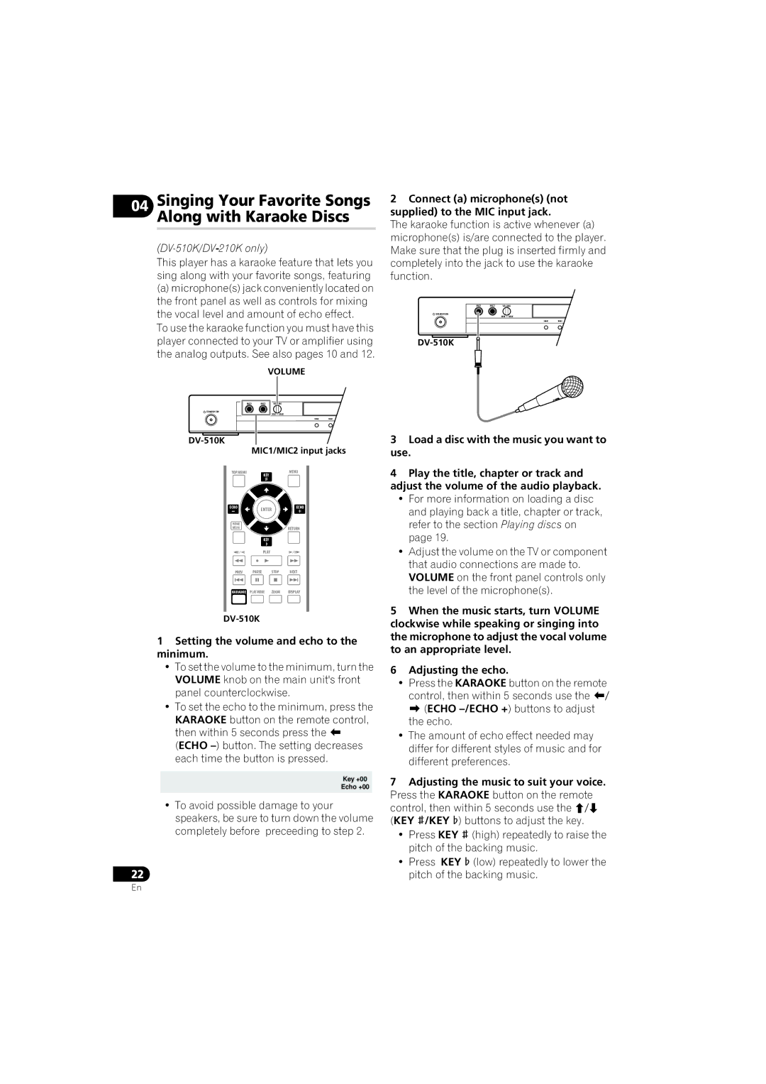 Pioneer DV-410V-K DV-510K/DV-210K only, Setting the volume and echo to the minimum, Adjusting the music to suit your voice 