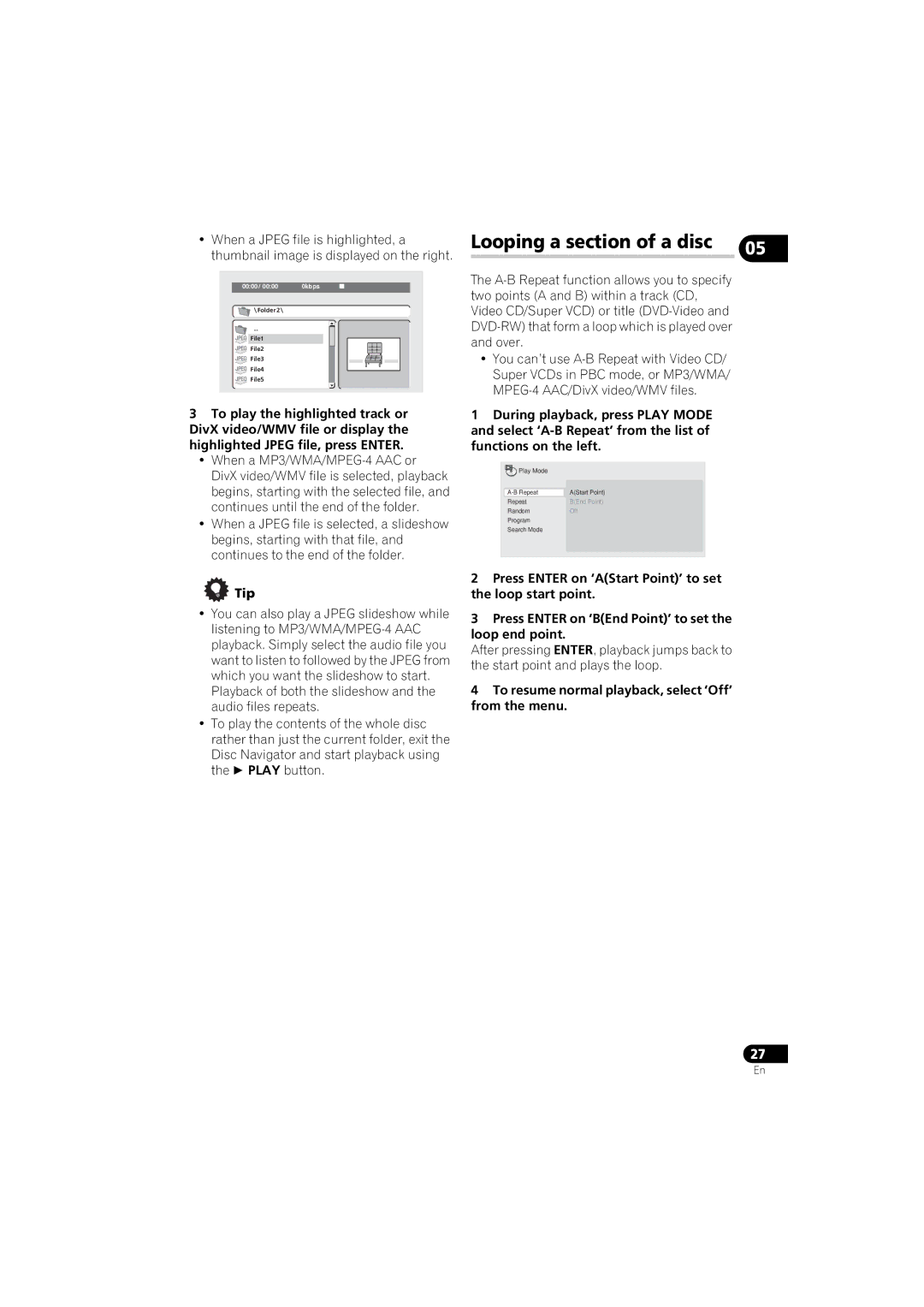 Pioneer DV-510K-S, DV-210K-K, DV-410V-S Looping a section of a disc, To resume normal playback, select ‘Off’ from the menu 