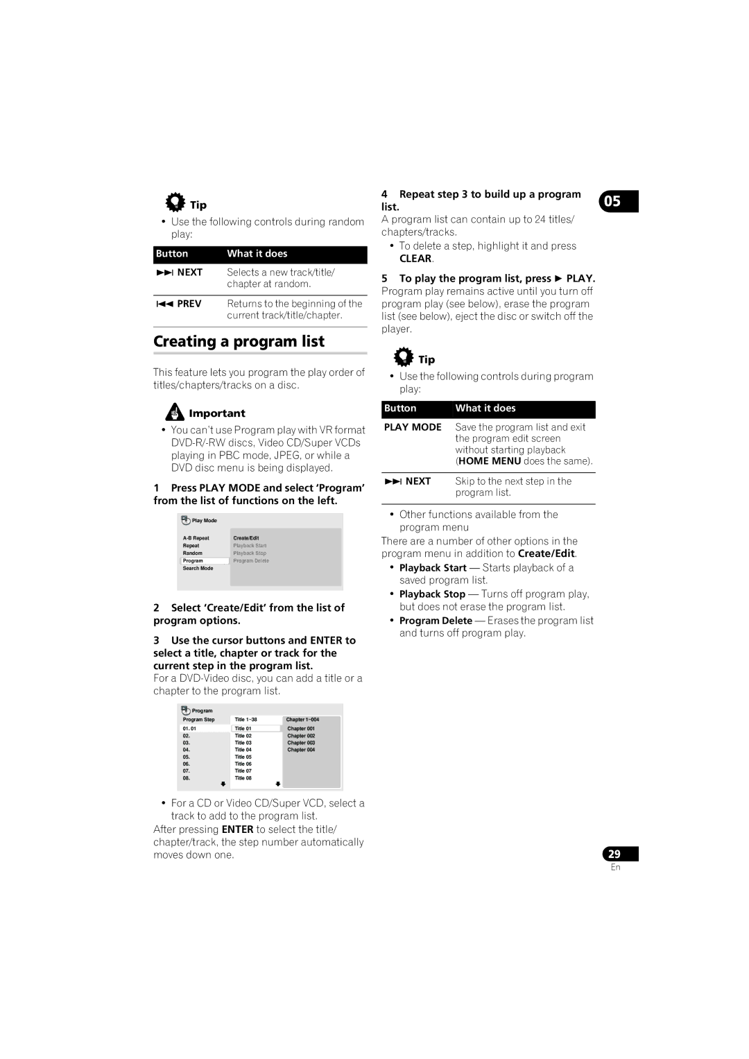 Pioneer DV-310-K, DV-210K-K, DV-410V-S, DV-310-S, DV-510K-S Creating a program list, Repeat to build up a program, Clear 