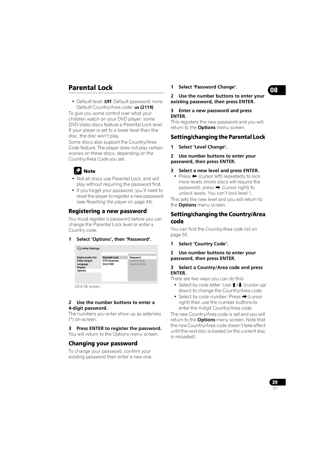 Pioneer DV-510K-S, DV-210K-K Registering a new password, Changing your password, Setting/changing the Parental Lock 