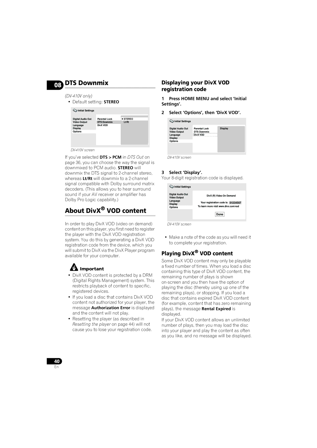 Pioneer DV-410V-K DTS Downmix, About DivX VOD content, Displaying your DivX VOD registration code, Select ‘Display’ 