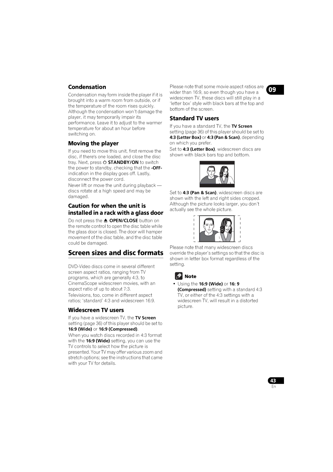 Pioneer DV-410V-S Screen sizes and disc formats, Condensation, Moving the player, Widescreen TV users, Standard TV users 