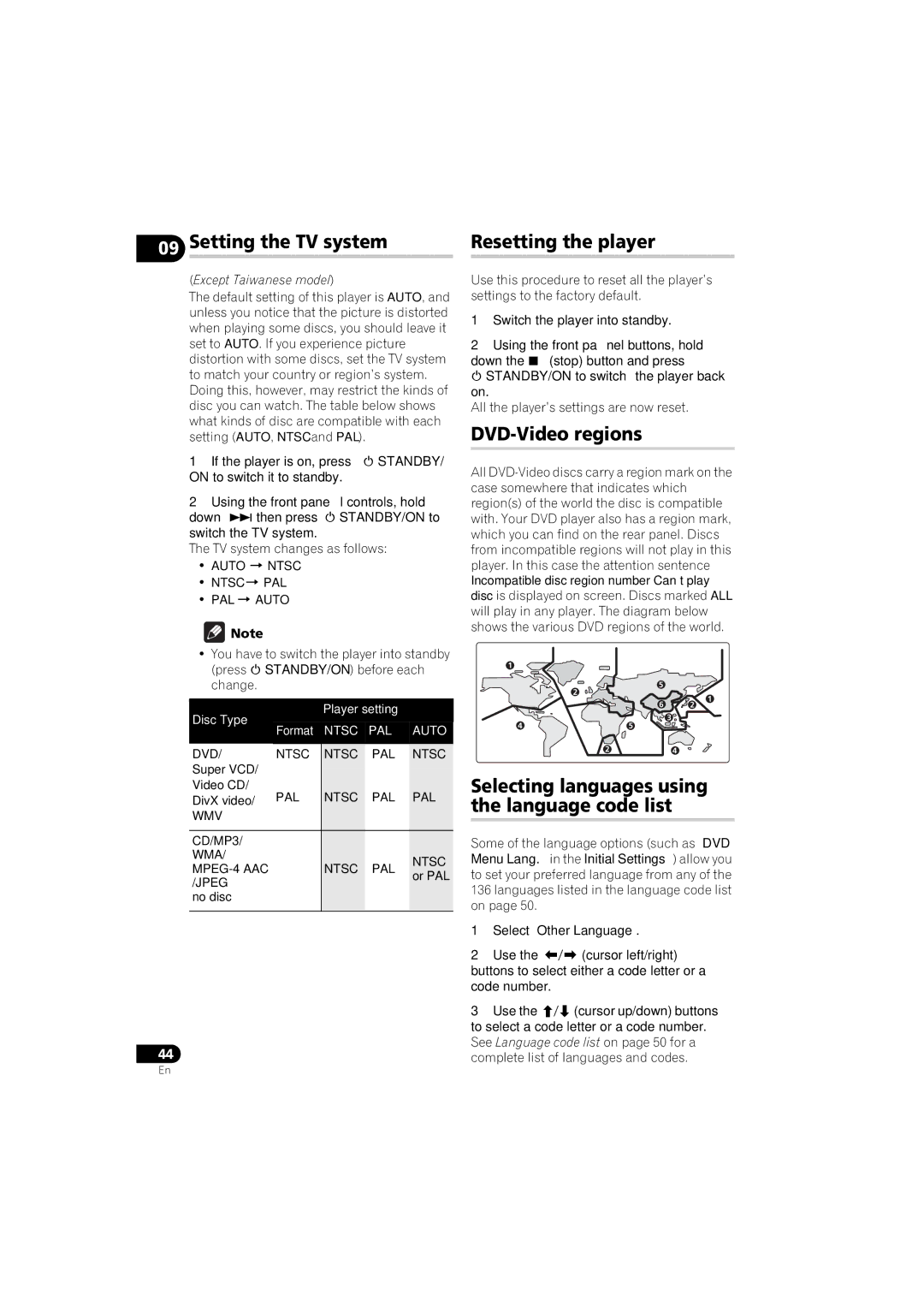 Pioneer DV-310-S, DV-210K-K, DV-410V-S, DV-510K-S, DV-410V-K Setting the TV system, Resetting the player, DVD-Video regions 