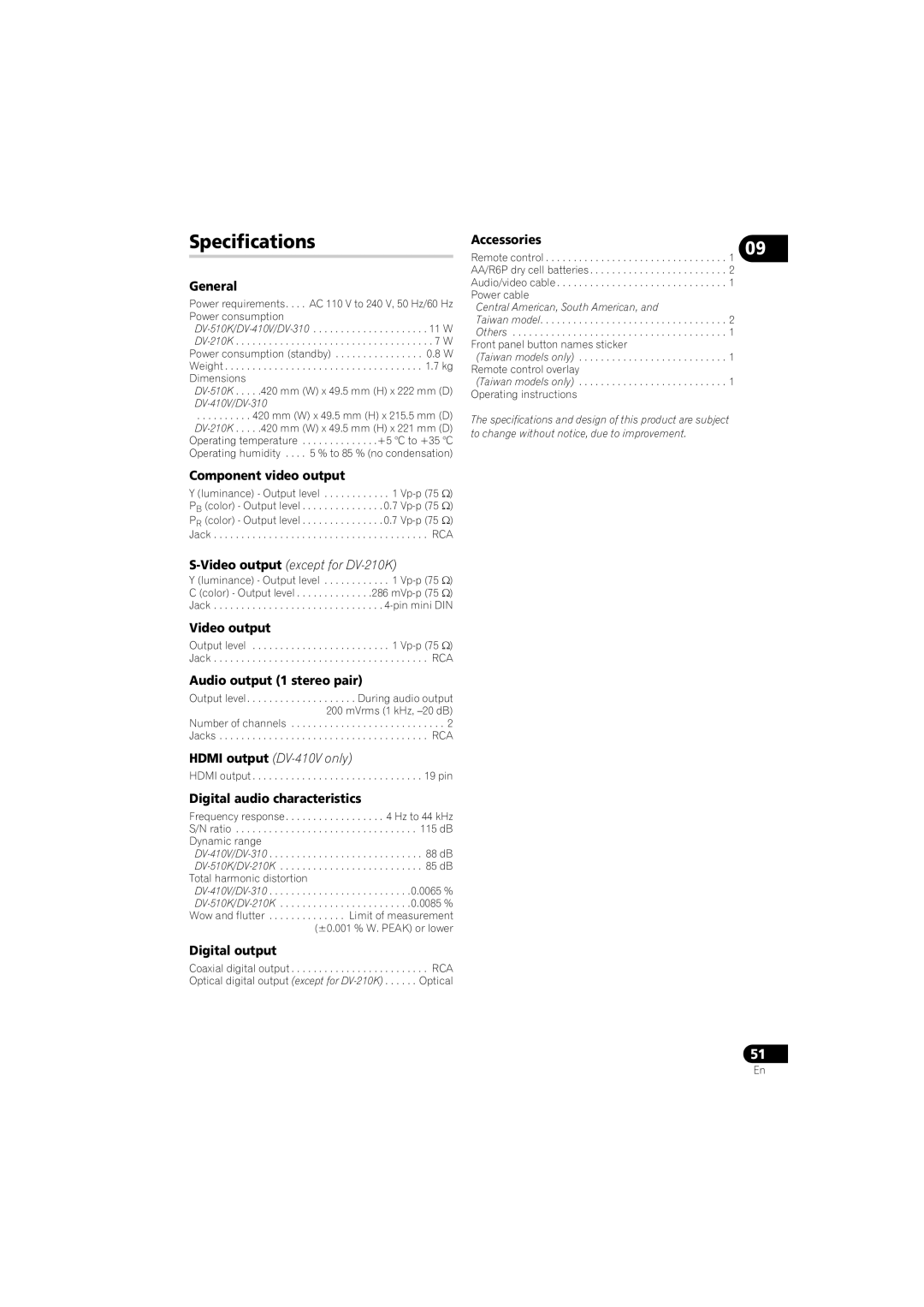 Pioneer DV-510K-S, DV-210K-K, DV-410V-S, DV-310-S, DV-410V-K, DV-310-K operating instructions Specifications 