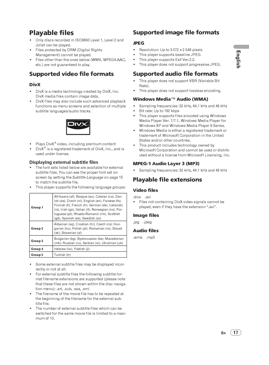 Pioneer DV-120K-K Playable files, Supported image file formats, Supported video file formats, Supported audio file formats 