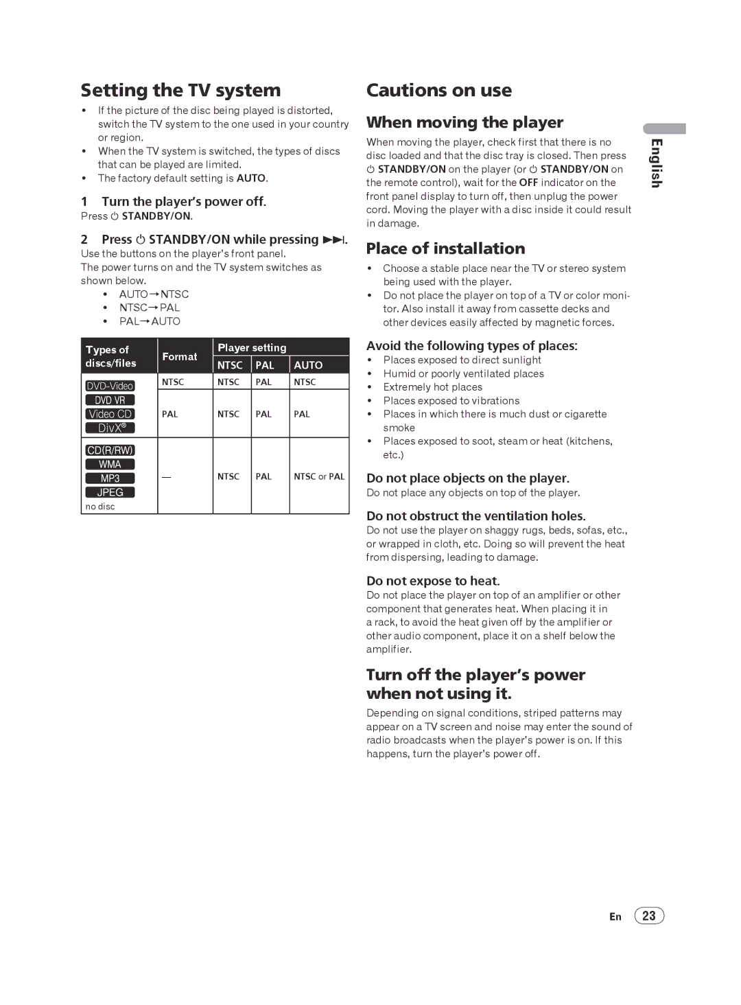 Pioneer DV-120K-K, DV-220KV-K operating instructions Setting the TV system, When moving the player, Place of installation 