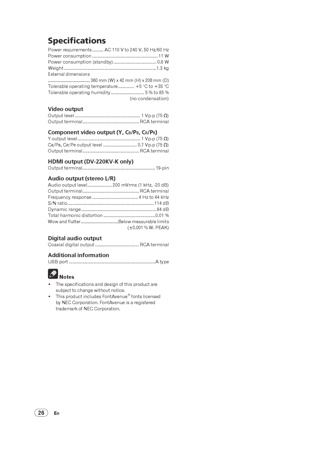 Pioneer DV-220KV-K, DV-120K-K operating instructions Specifications 