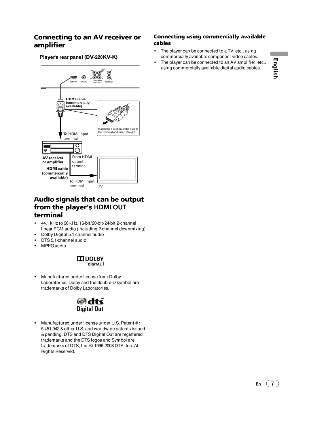 Pioneer DV-120K-K, DV-220KV-K Connecting to an AV receiver or amplifier, Or amplifier, Hdmi cable, Commercially 