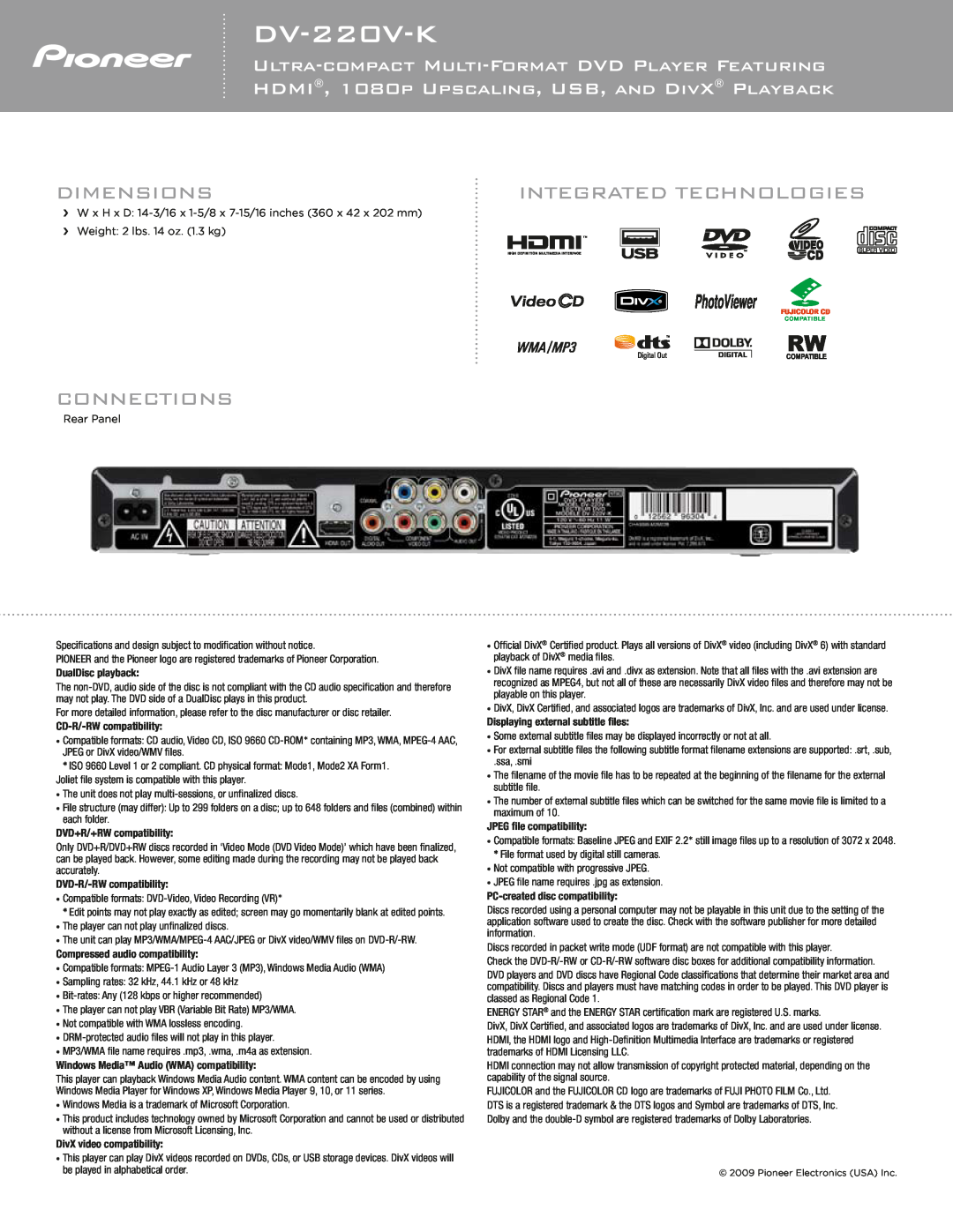 Pioneer DV-220V-K specifications Dimensions, Connections, Integrated Technologies 