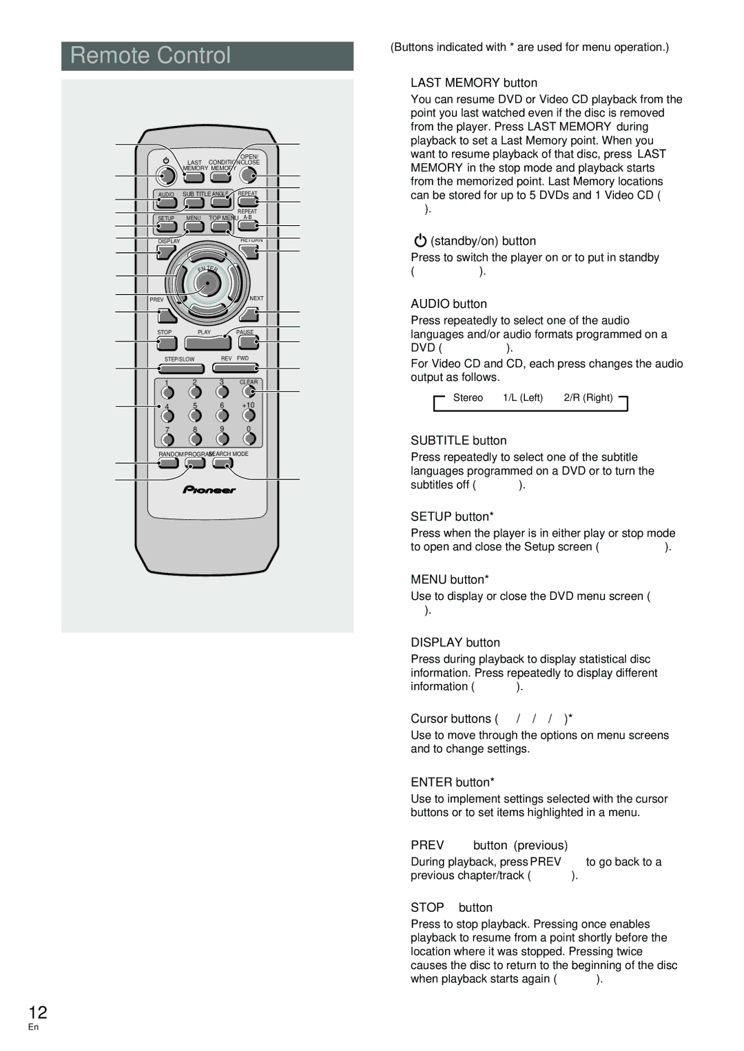 Pioneer DV-233, DV-344 operating instructions Remote Control 