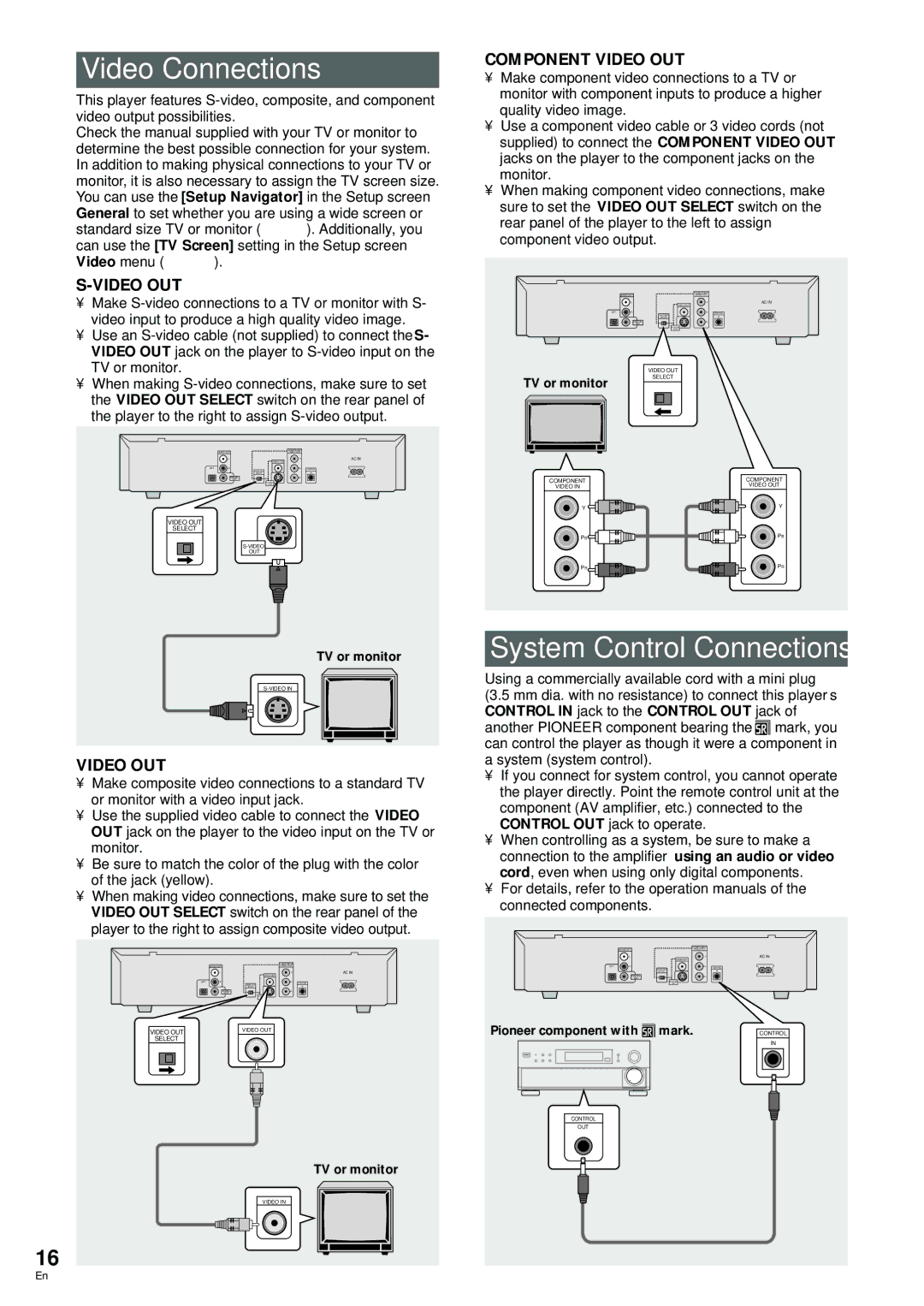 Pioneer DV-233, DV-344 operating instructions Video Connections, System Control Connections 