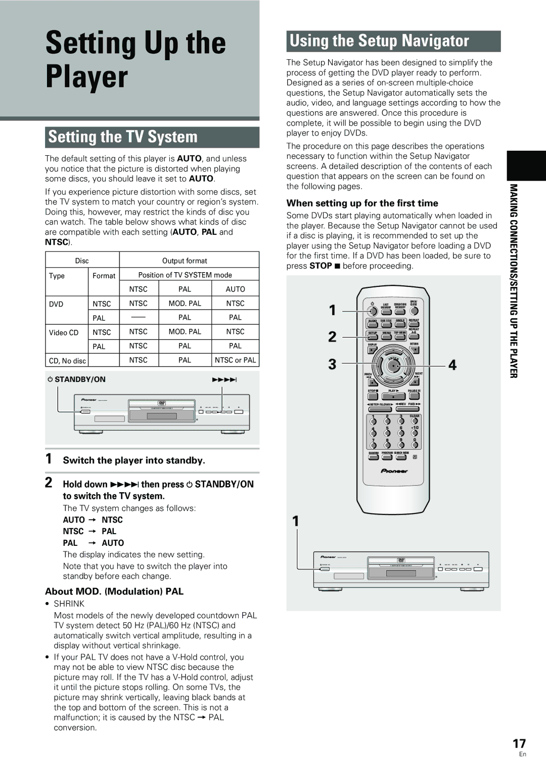 Pioneer DV-344, DV-233 Setting Up the Player, Setting the TV System, Using the Setup Navigator, About MOD. Modulation PAL 