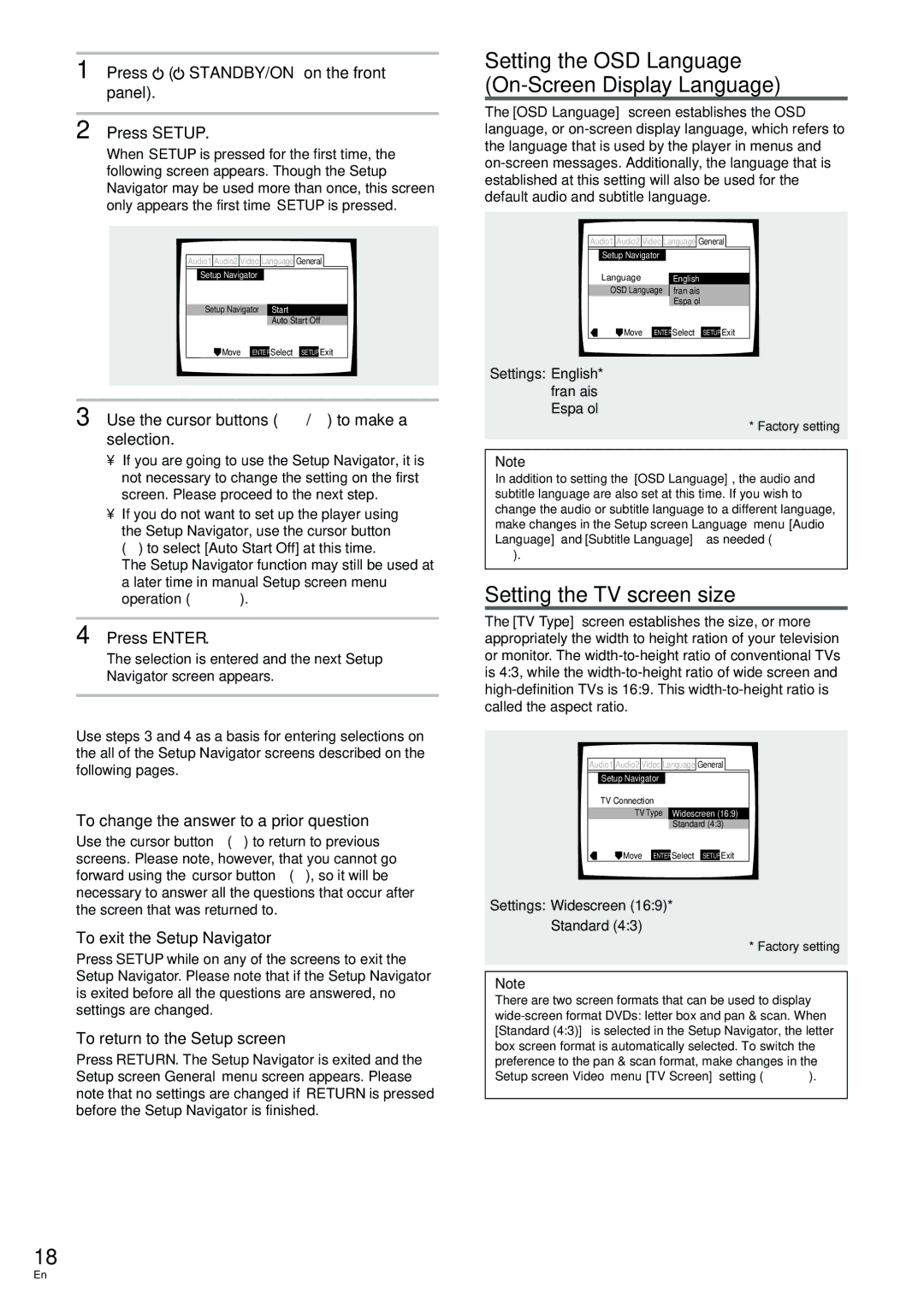 Pioneer DV-233, DV-344 Setting the OSD Language On-Screen Display Language, Setting the TV screen size 