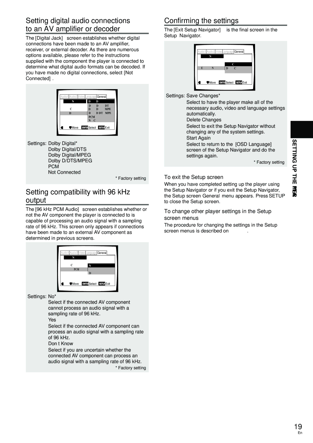 Pioneer DV-344, DV-233 Setting compatibility with 96 kHz output, Confirming the settings, To exit the Setup screen 