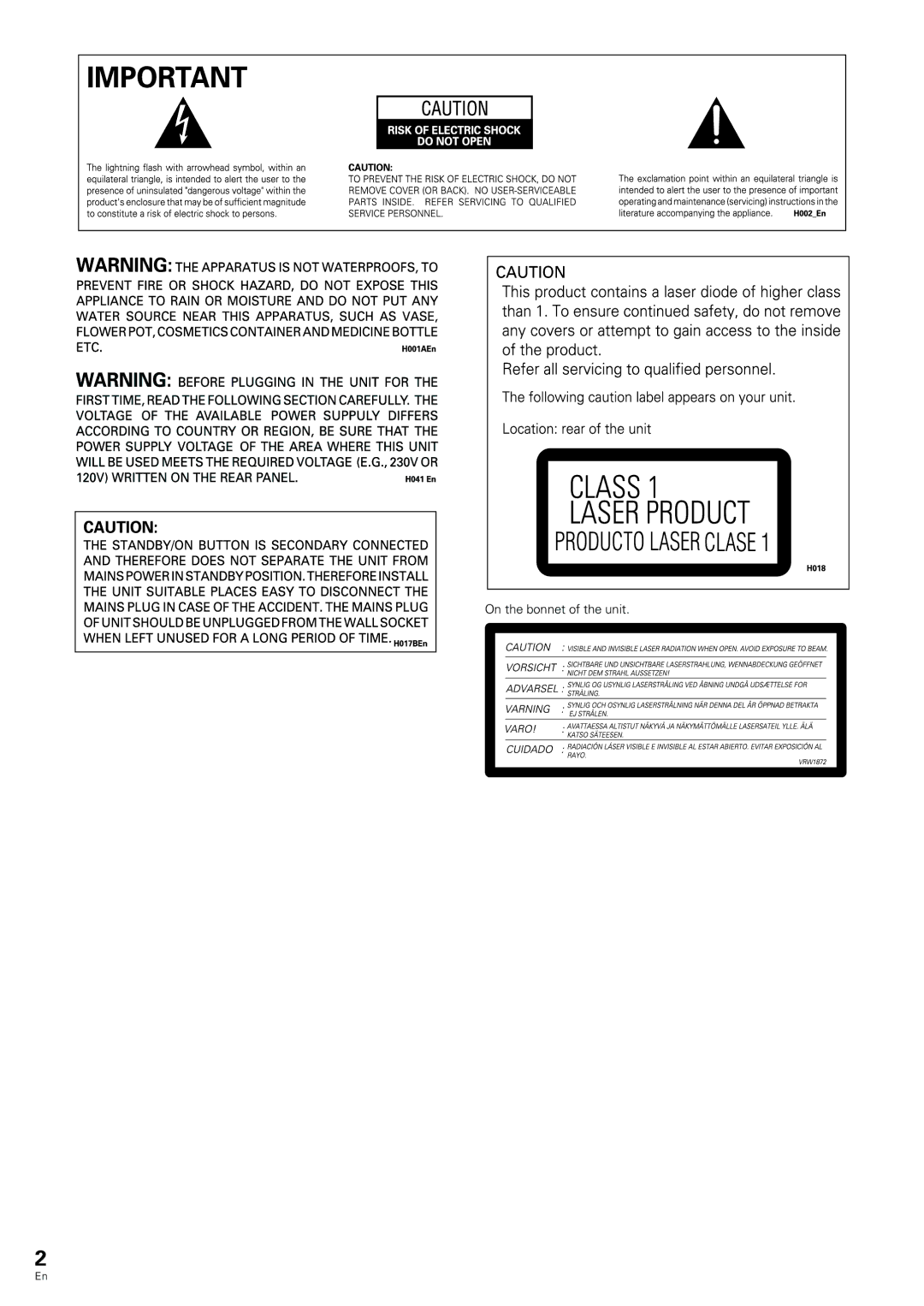 Pioneer DV-233, DV-344 operating instructions On the bonnet of the unit 