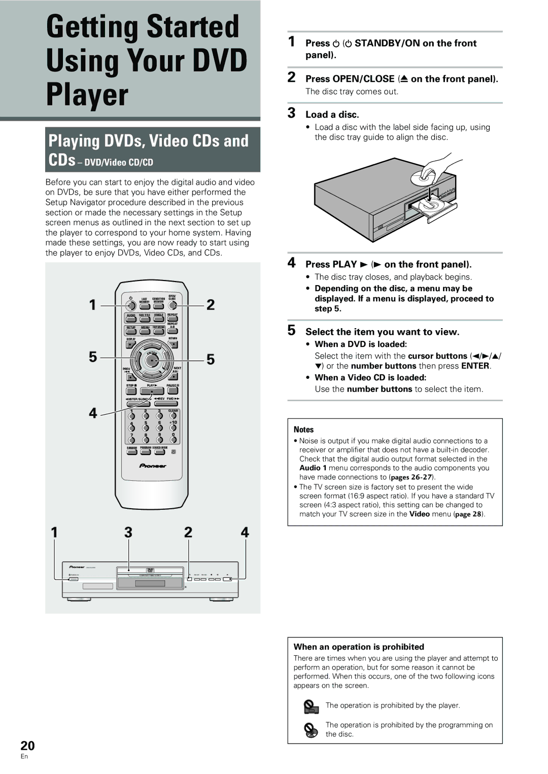 Pioneer DV-233, DV-344 operating instructions Getting Started, Player, Playing DVDs, Video CDs, CDs DVD/Video CD/CD 