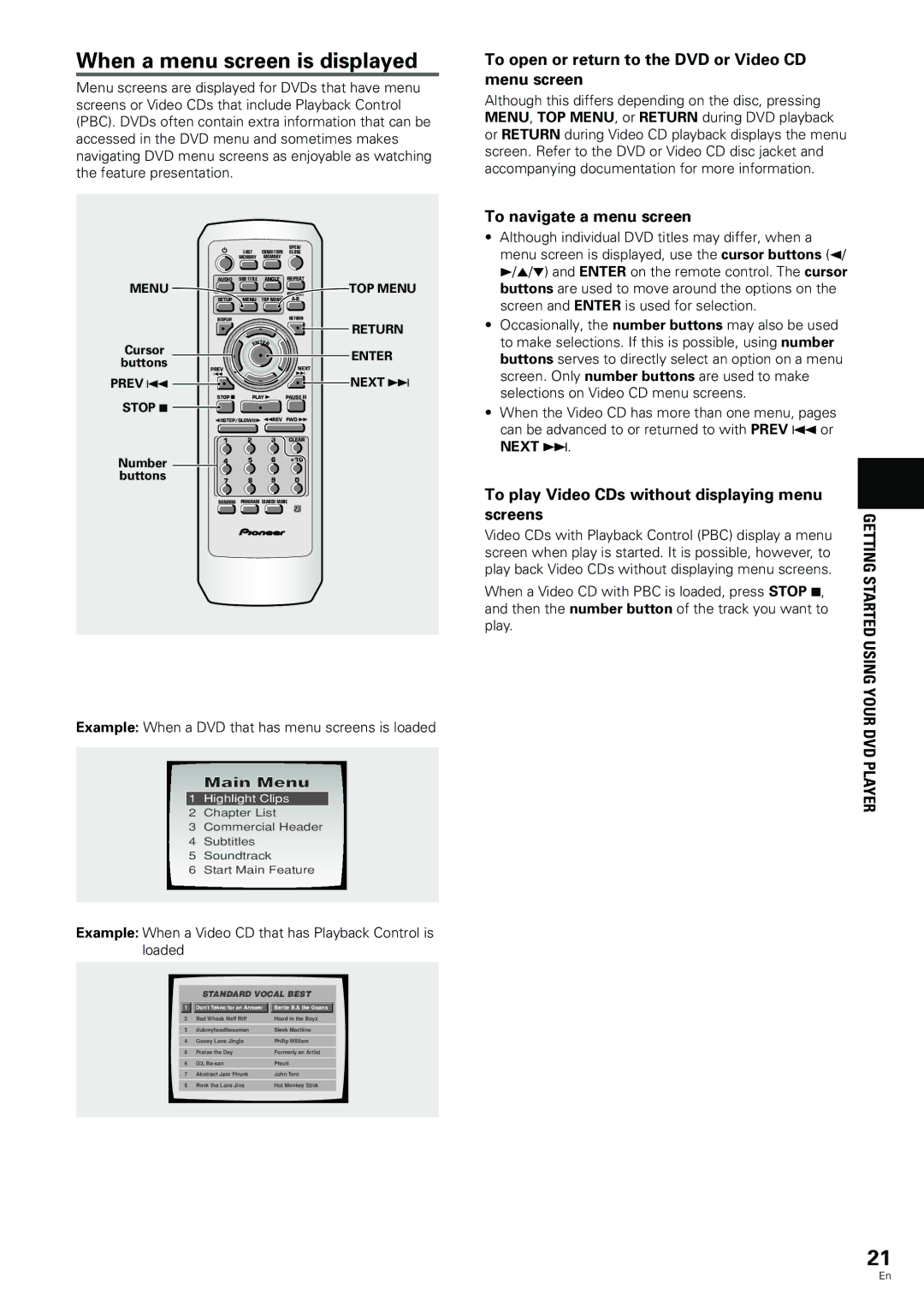 Pioneer DV-344, DV-233 When a menu screen is displayed, To open or return to the DVD or Video CD menu screen 