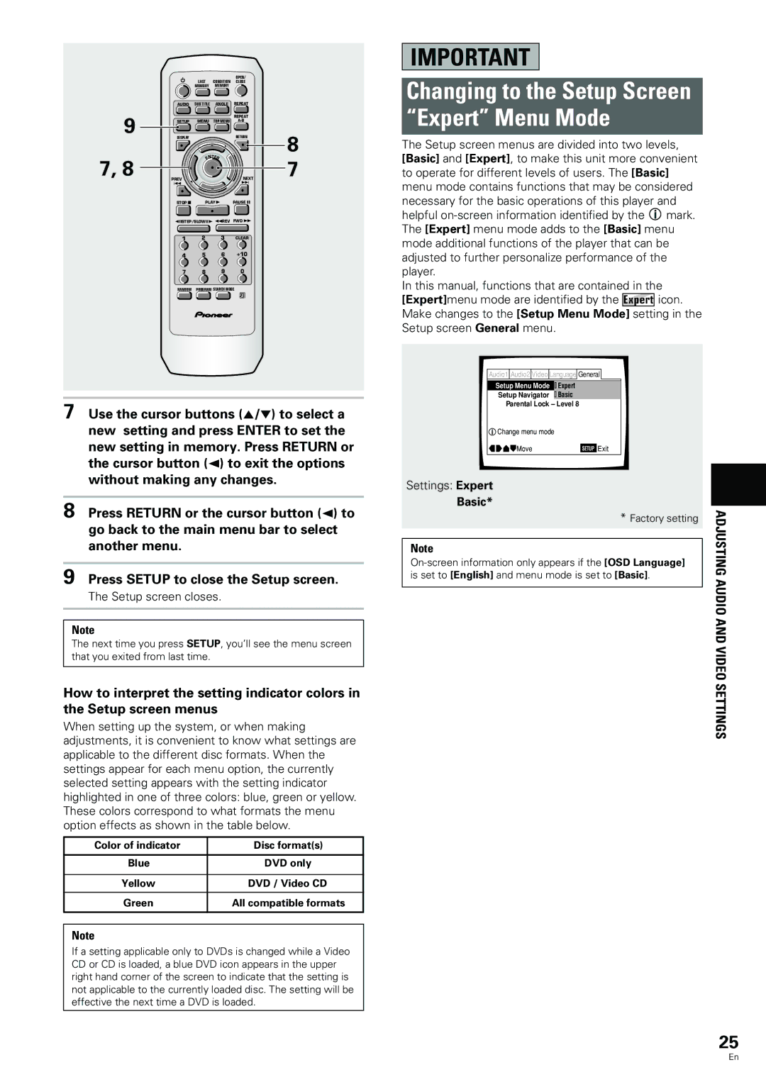 Pioneer DV-344, DV-233 Changing to the Setup Screen Expert Menu Mode, Setup screen closes, Settings Expert, Basic 