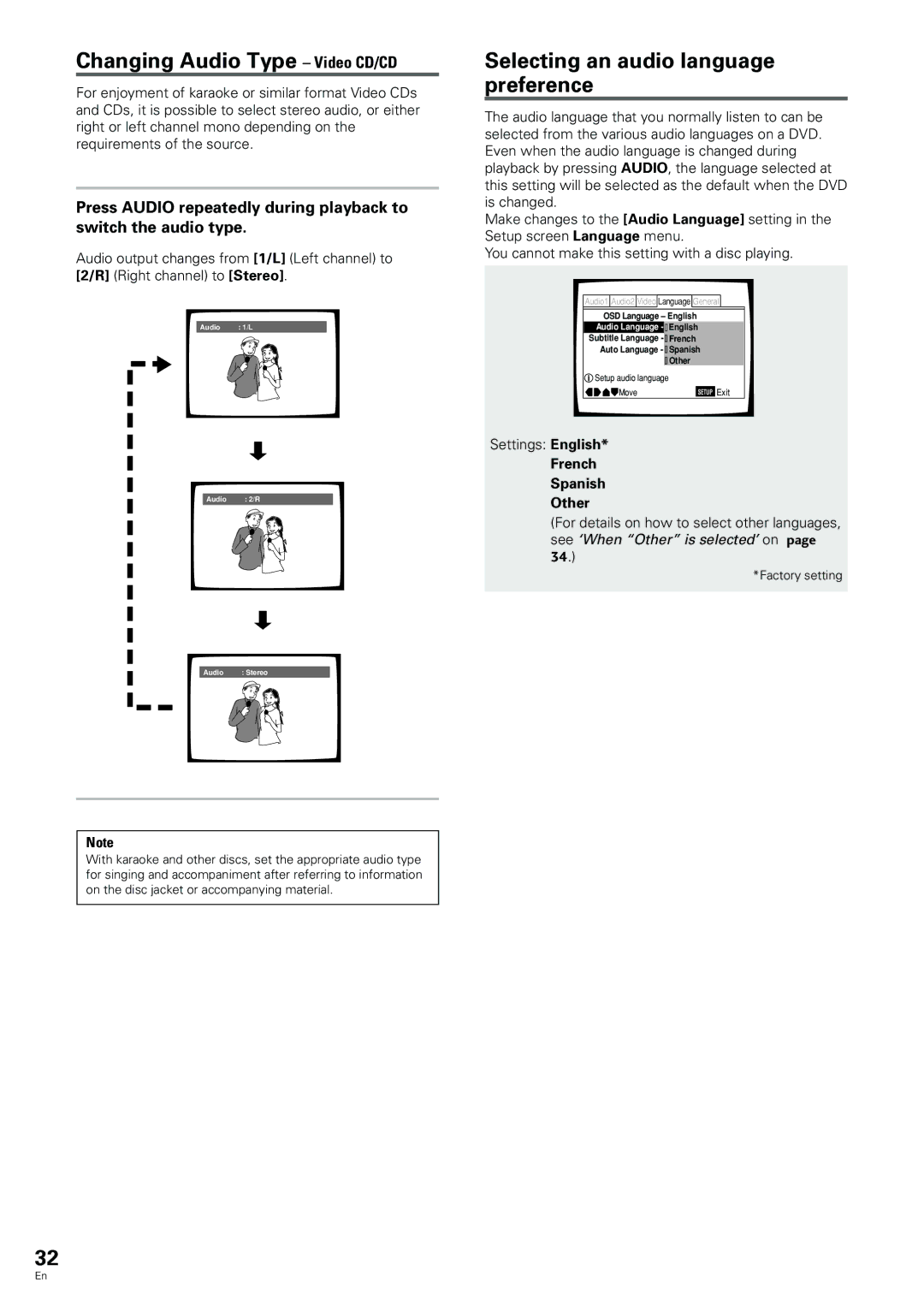 Pioneer DV-233, DV-344 Changing Audio Type Video CD/CD, Selecting an audio language preference, French Spanish Other 