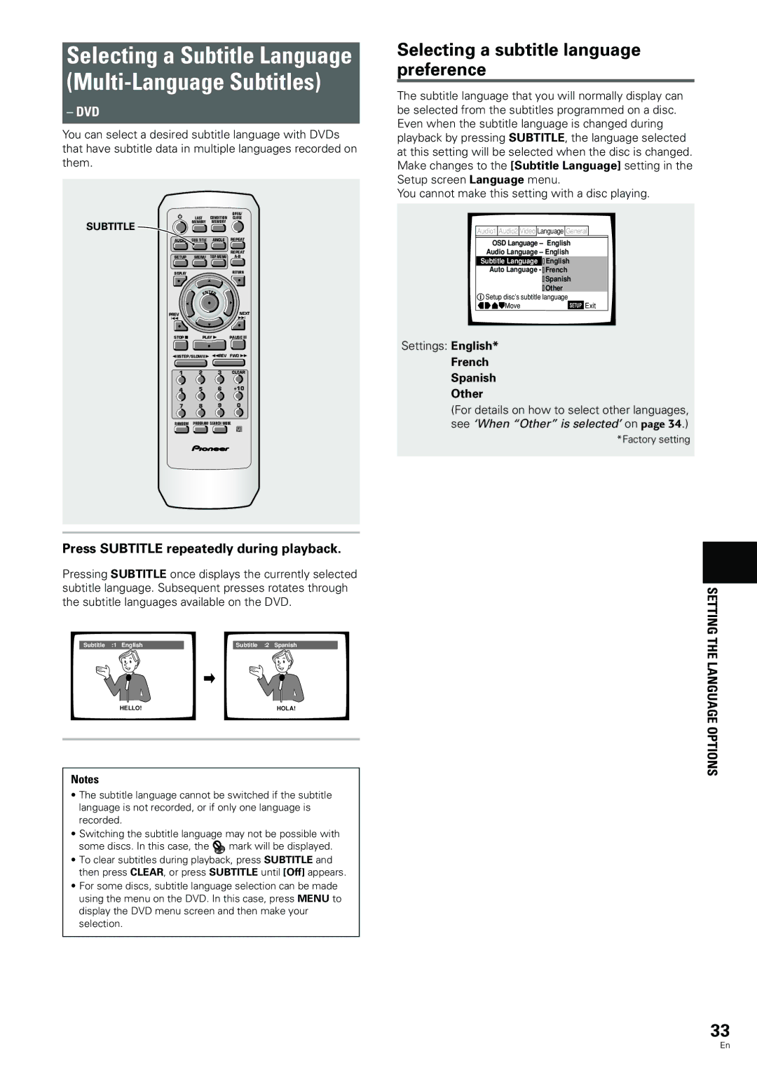 Pioneer DV-344, DV-233 Selecting a Subtitle Language Multi-Language Subtitles, Selecting a subtitle language preference 