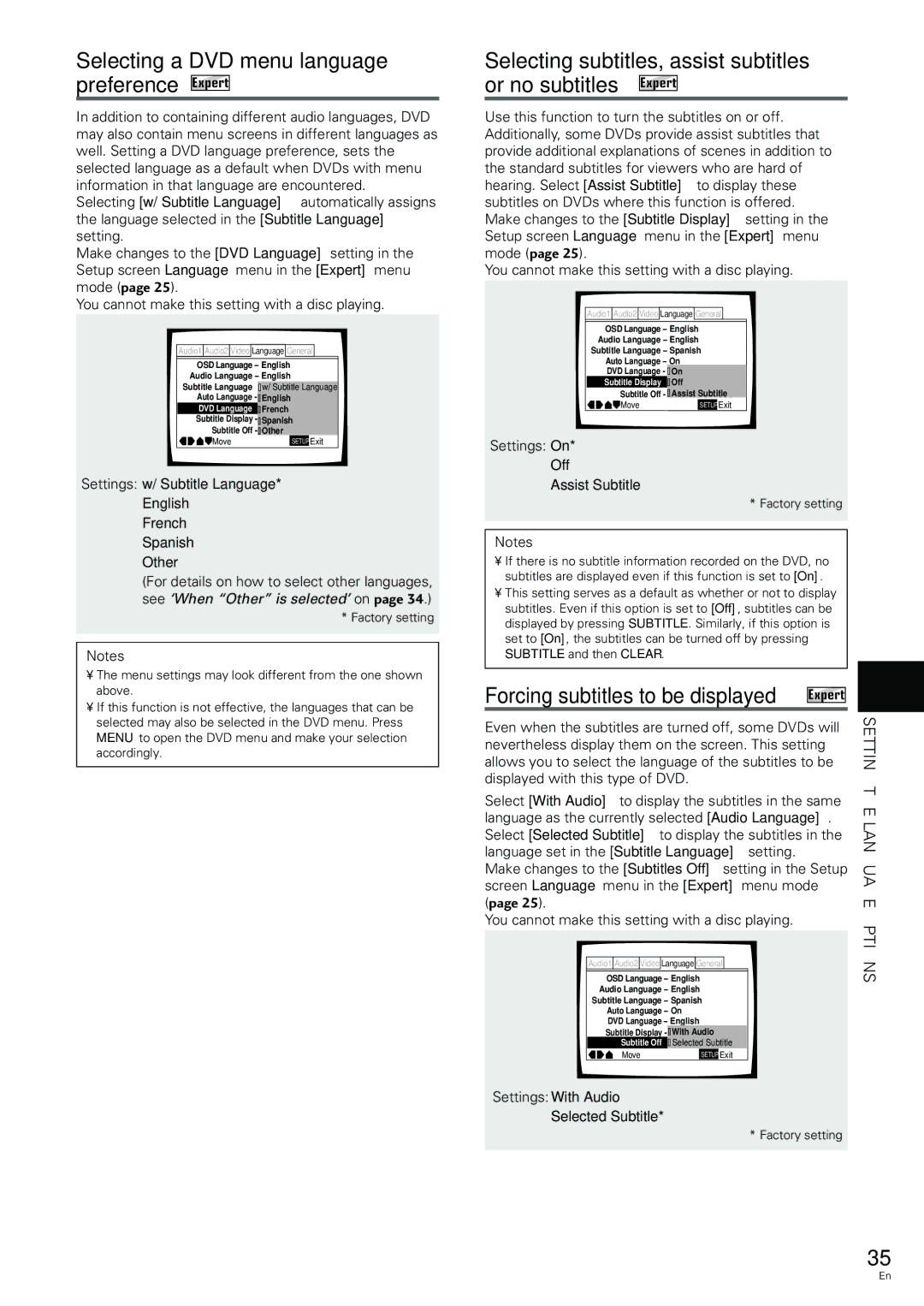 Pioneer DV-344 Selecting a DVD menu language preference Expert, Settings w/ Subtitle Language English French Spanish Other 