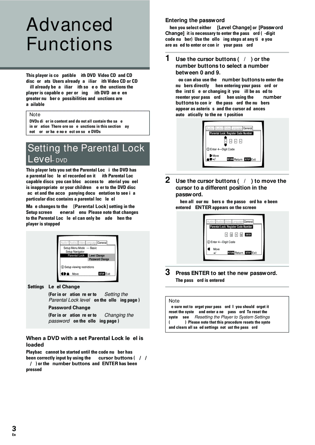 Pioneer DV-233, DV-344 operating instructions Advanced Functions, Setting the Parental Lock Level DVD, Entering the password 