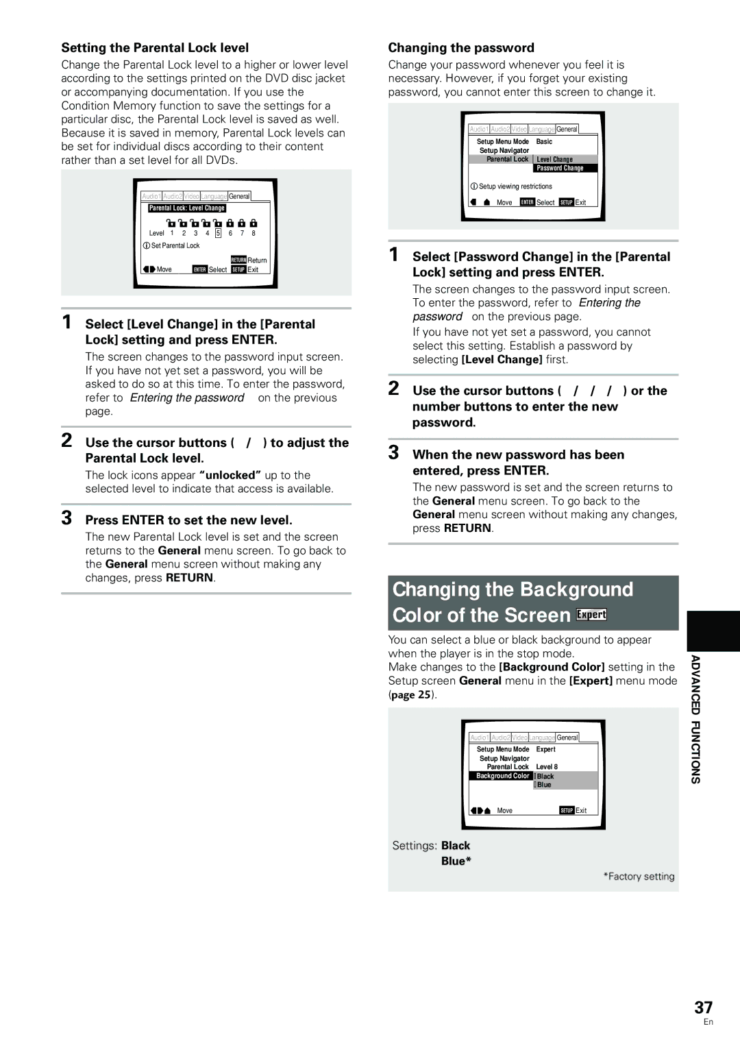 Pioneer DV-344 Changing the Background Color of the Screen Expert, Setting the Parental Lock level, Changing the password 