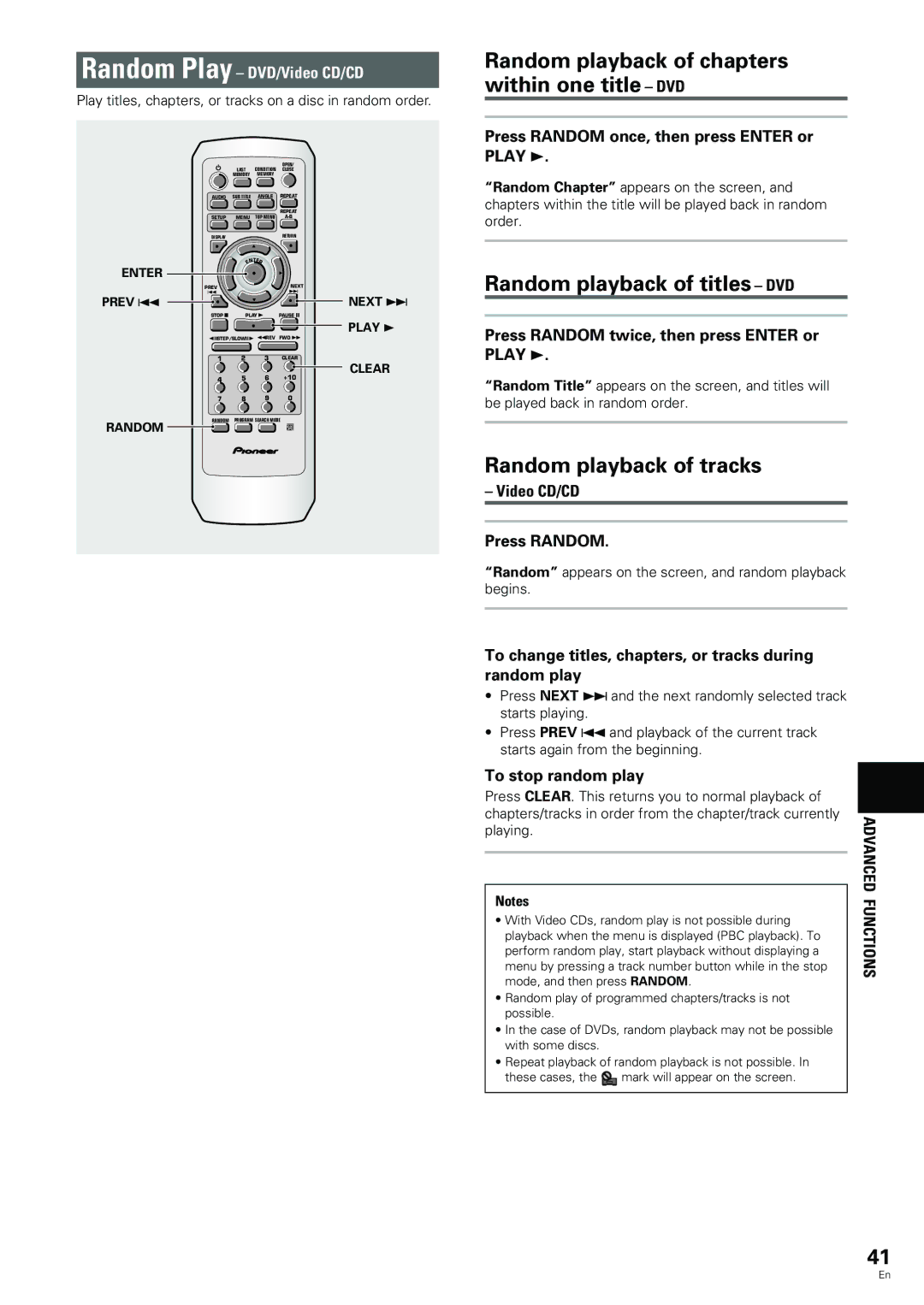 Pioneer DV-344 Random playback of chapters within one title DVD, Random playback of titles DVD, Random playback of tracks 