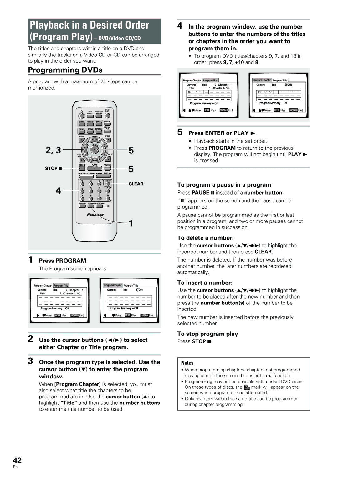 Pioneer DV-233, DV-344 operating instructions Playback in a Desired Order, Programming DVDs, Program Play DVD/Video CD/CD 