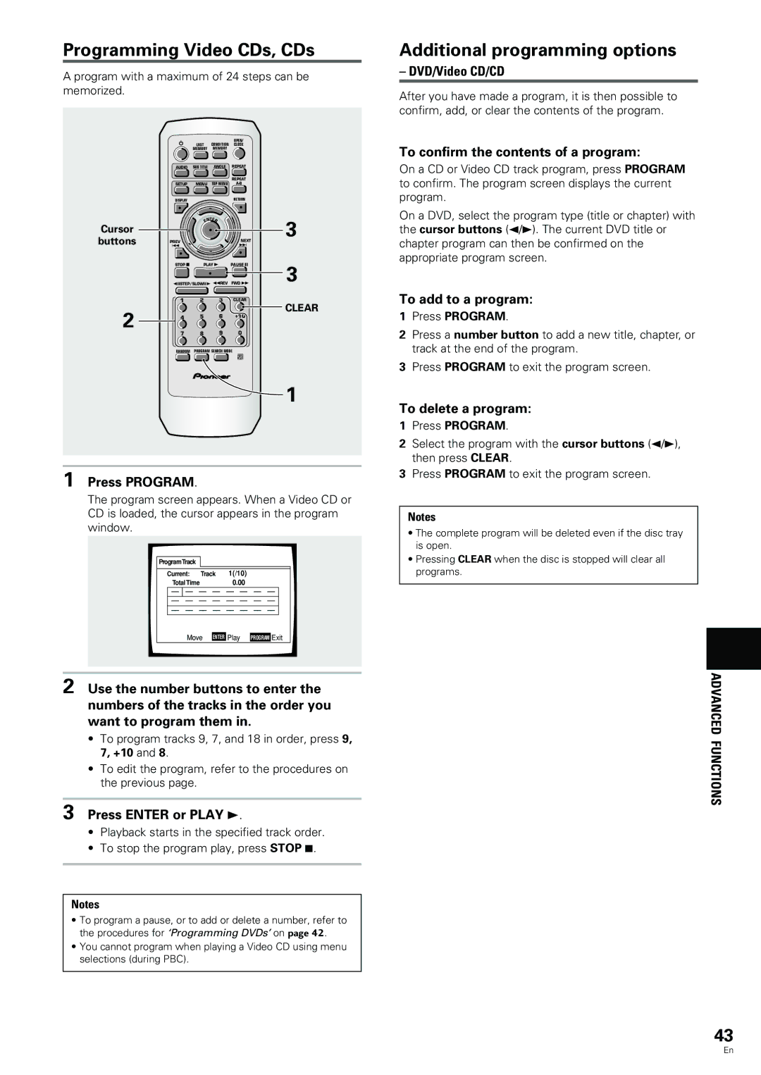 Pioneer DV-344, DV-233 operating instructions Programming Video CDs, CDs, Additional programming options 