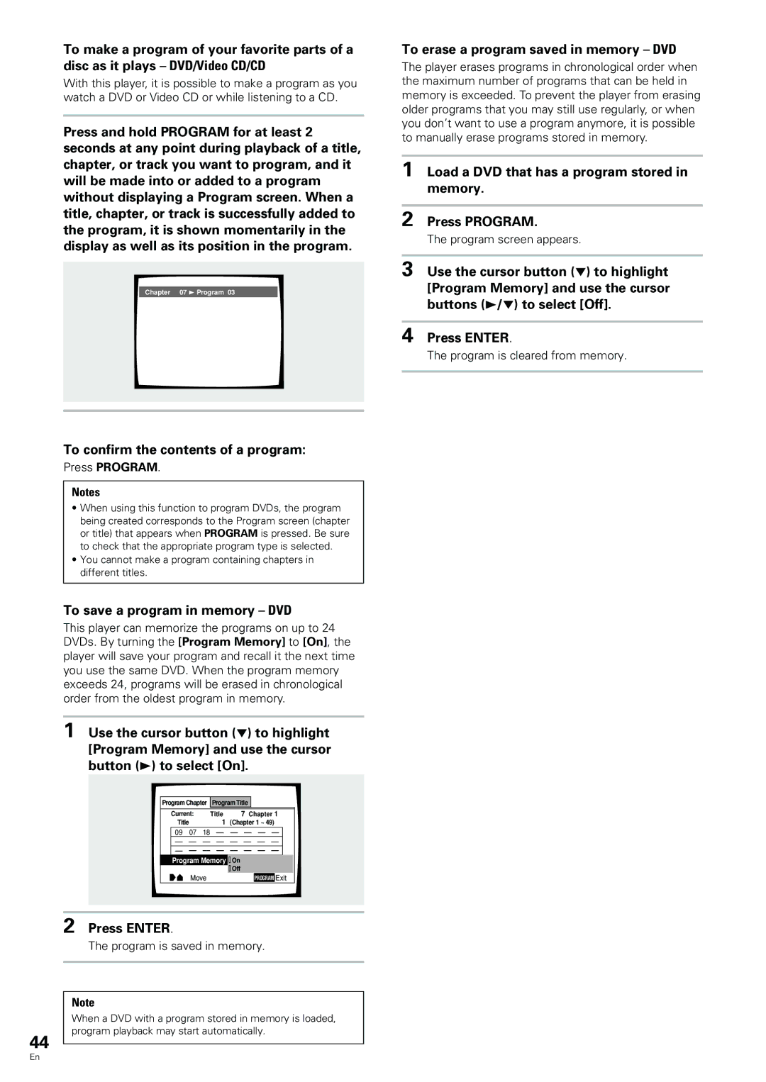 Pioneer DV-233, DV-344 To save a program in memory DVD, To erase a program saved in memory DVD, Press Program 