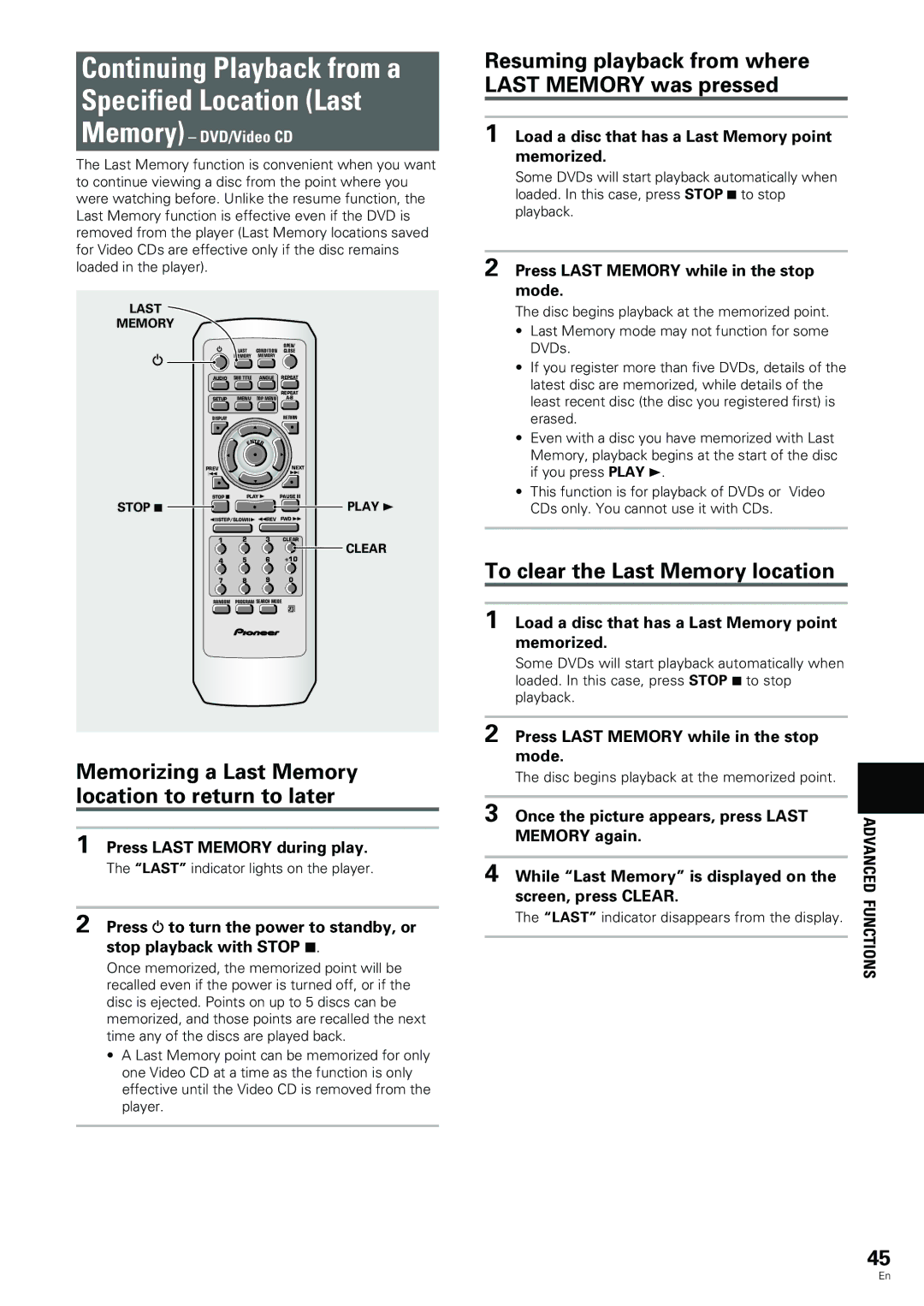 Pioneer DV-344 Memorizing a Last Memory location to return to later, Resuming playback from where Last Memory was pressed 