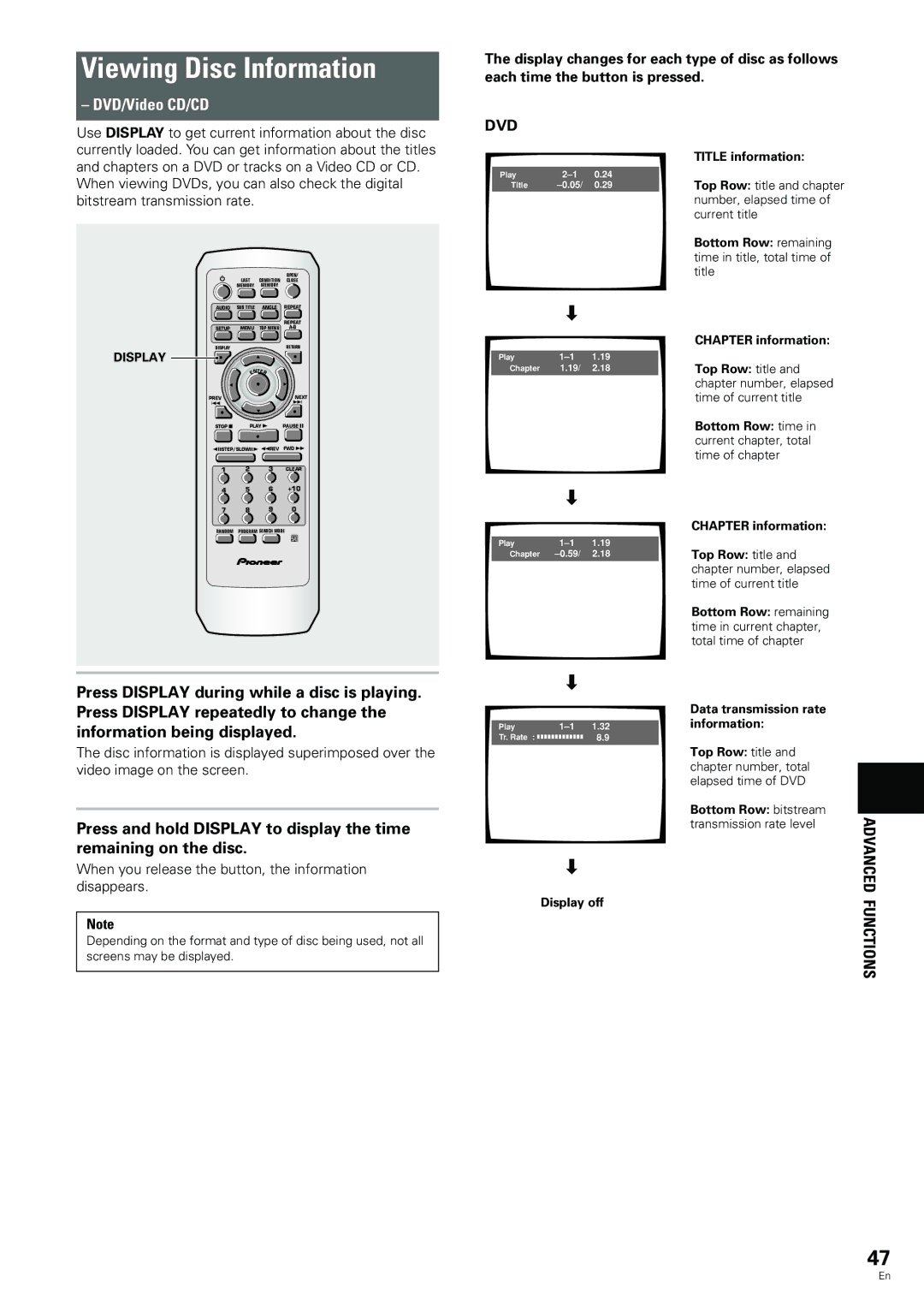 Pioneer DV-344, DV-233 Viewing Disc Information, When you release the button, the information disappears 