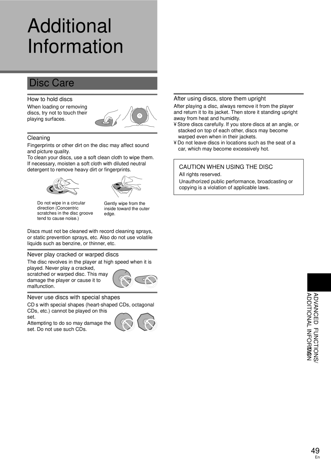 Pioneer DV-344, DV-233 operating instructions Additional Information, Disc Care 