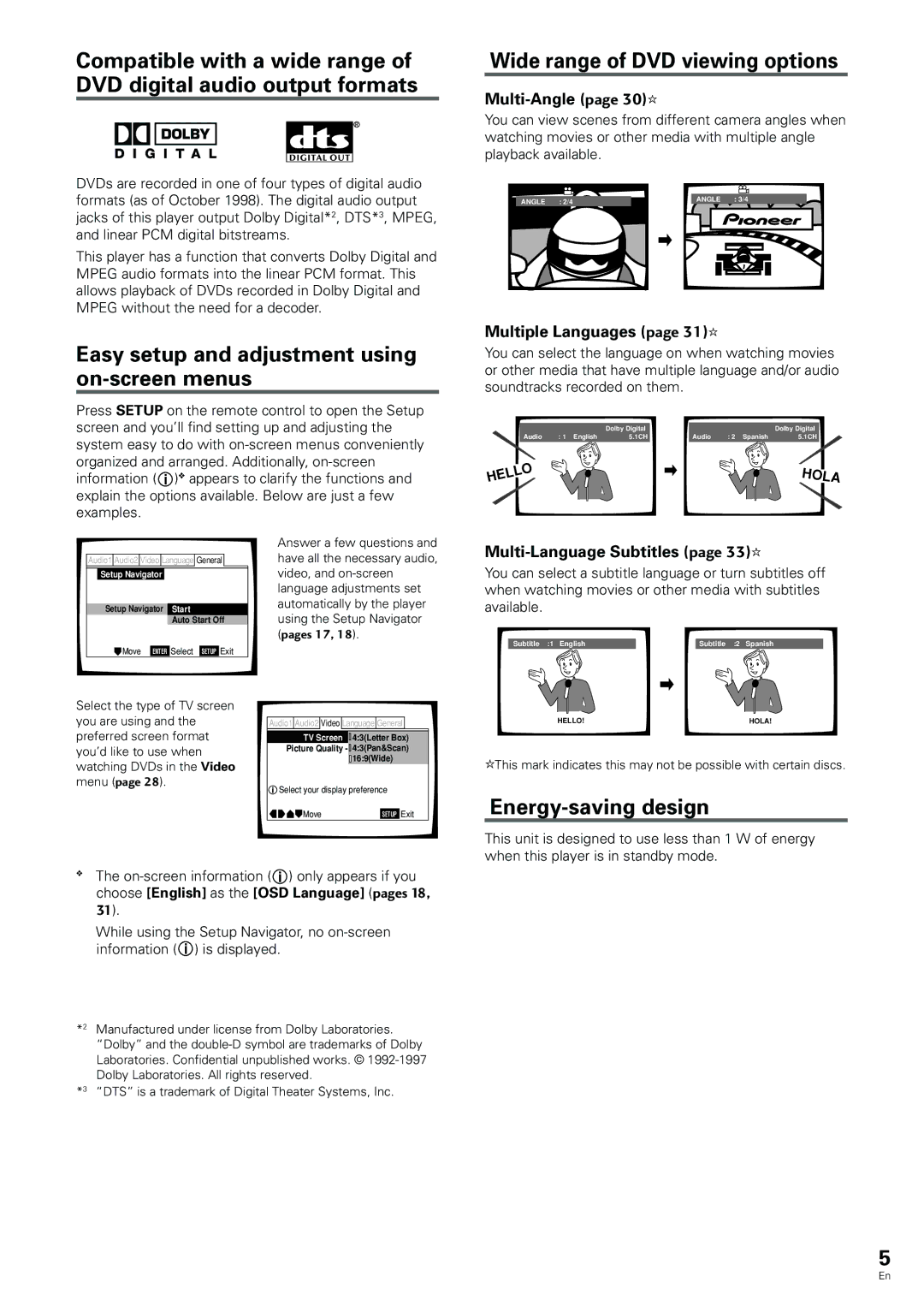 Pioneer DV-344 Easy setup and adjustment using on-screen menus, Wide range of DVD viewing options, Energy-saving design 